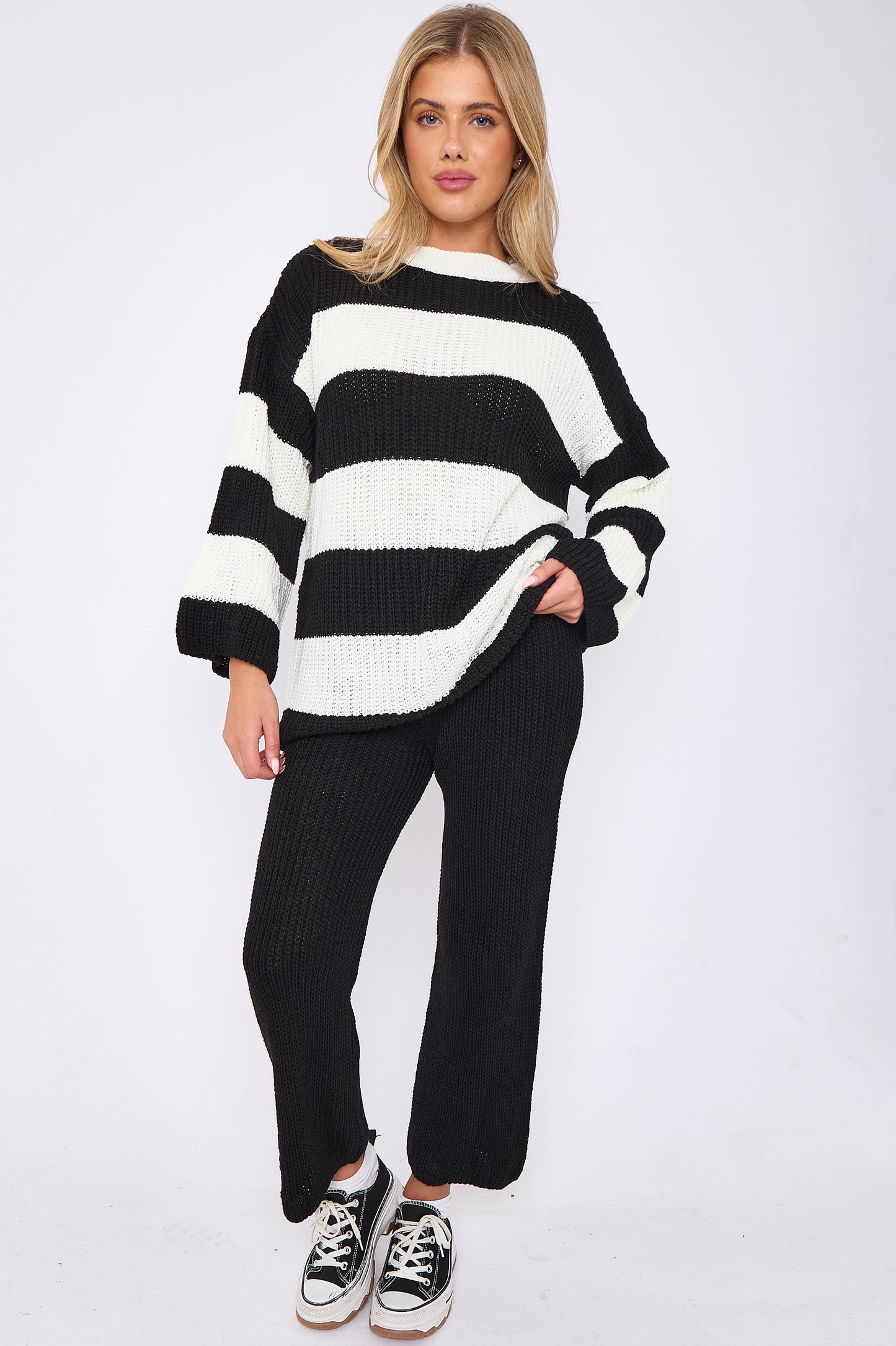 Women's Knitted Co-ord Set, Soft Chunky Knit Striped Jumper and Trousers