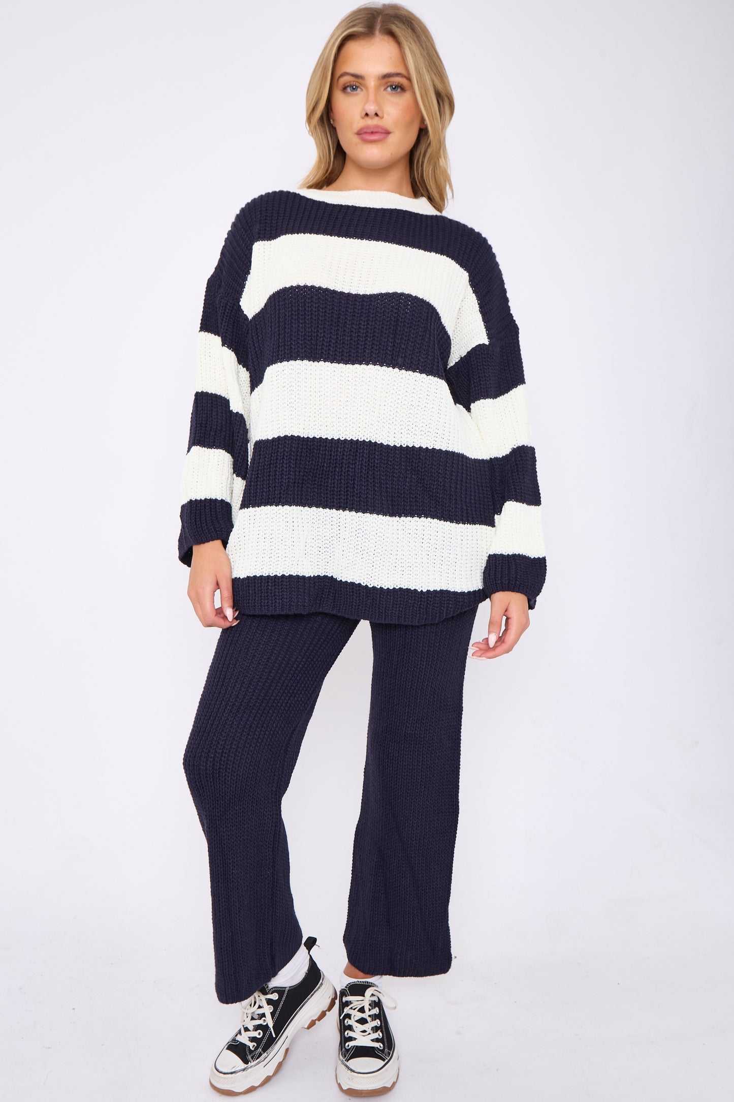 Women's Knitted Co-ord Set, Soft Chunky Knit Striped Jumper and Trousers