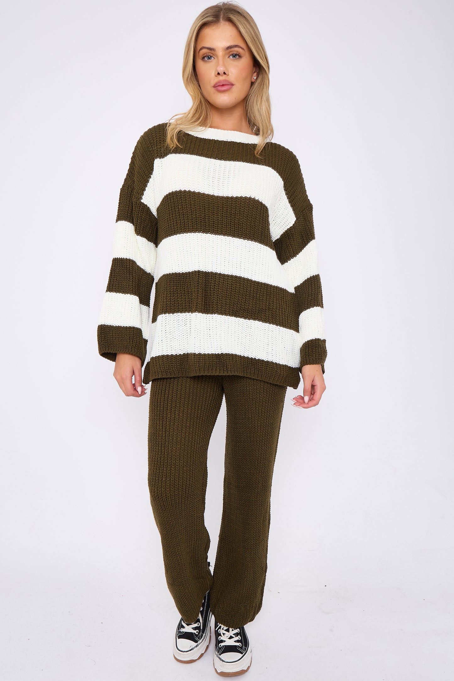 Women's Knitted Co-ord Set, Soft Chunky Knit Striped Jumper and Trousers