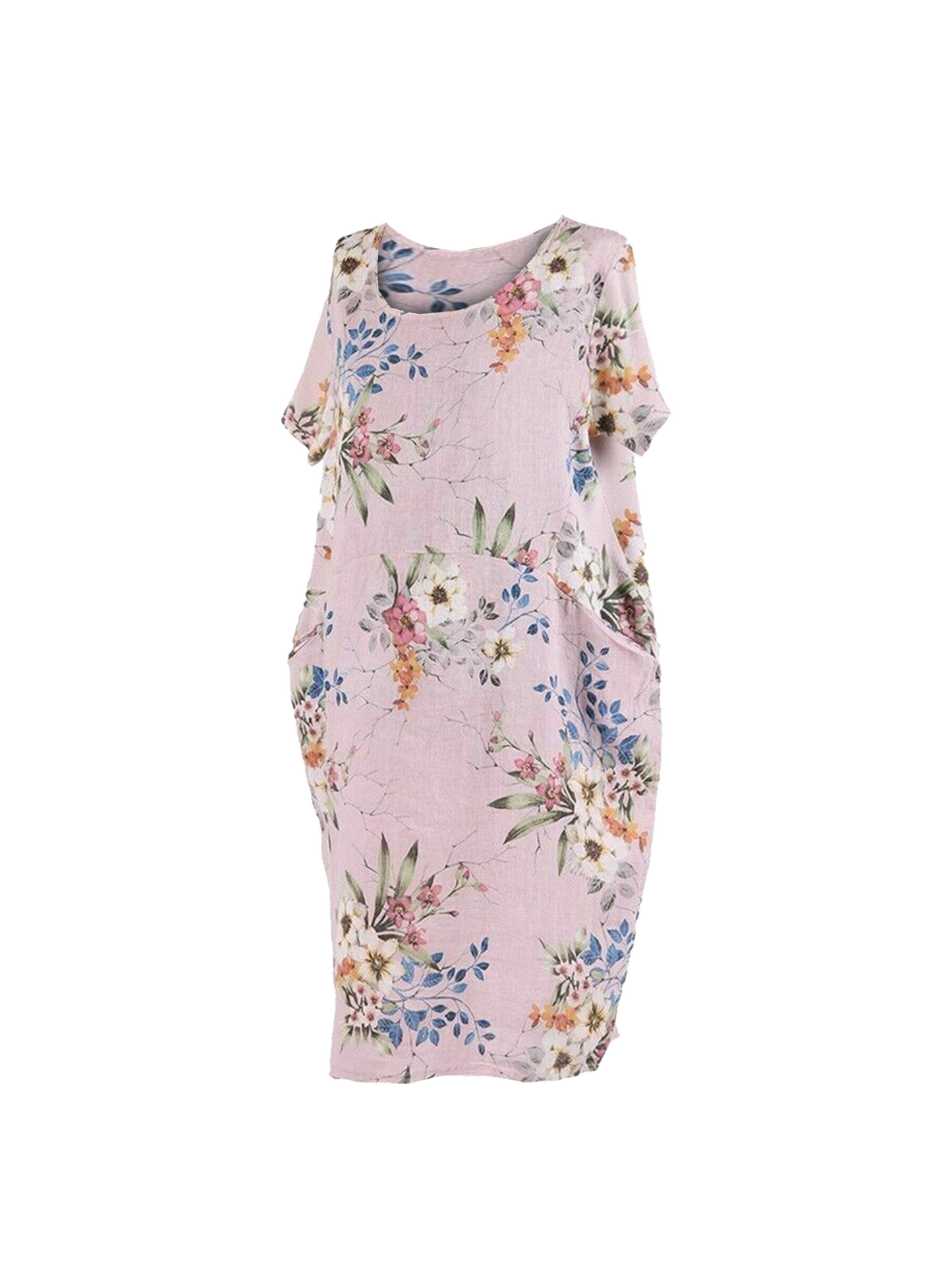 NEW Ladies FLORAL Summer Italian Womens Lagenlook LINEN Scoop Neck POCKET DRESS