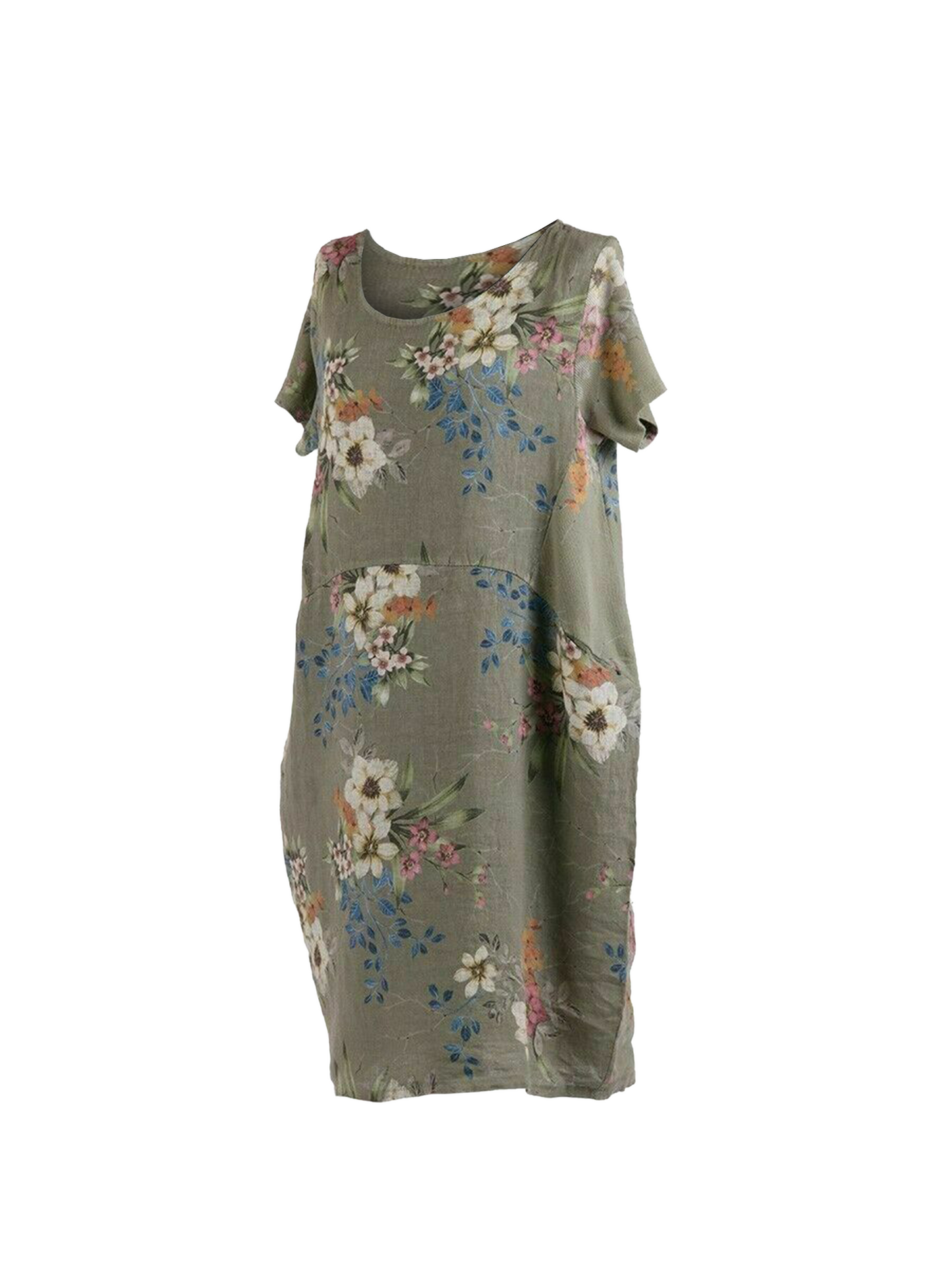 NEW Ladies FLORAL Summer Italian Womens Lagenlook LINEN Scoop Neck POCKET DRESS