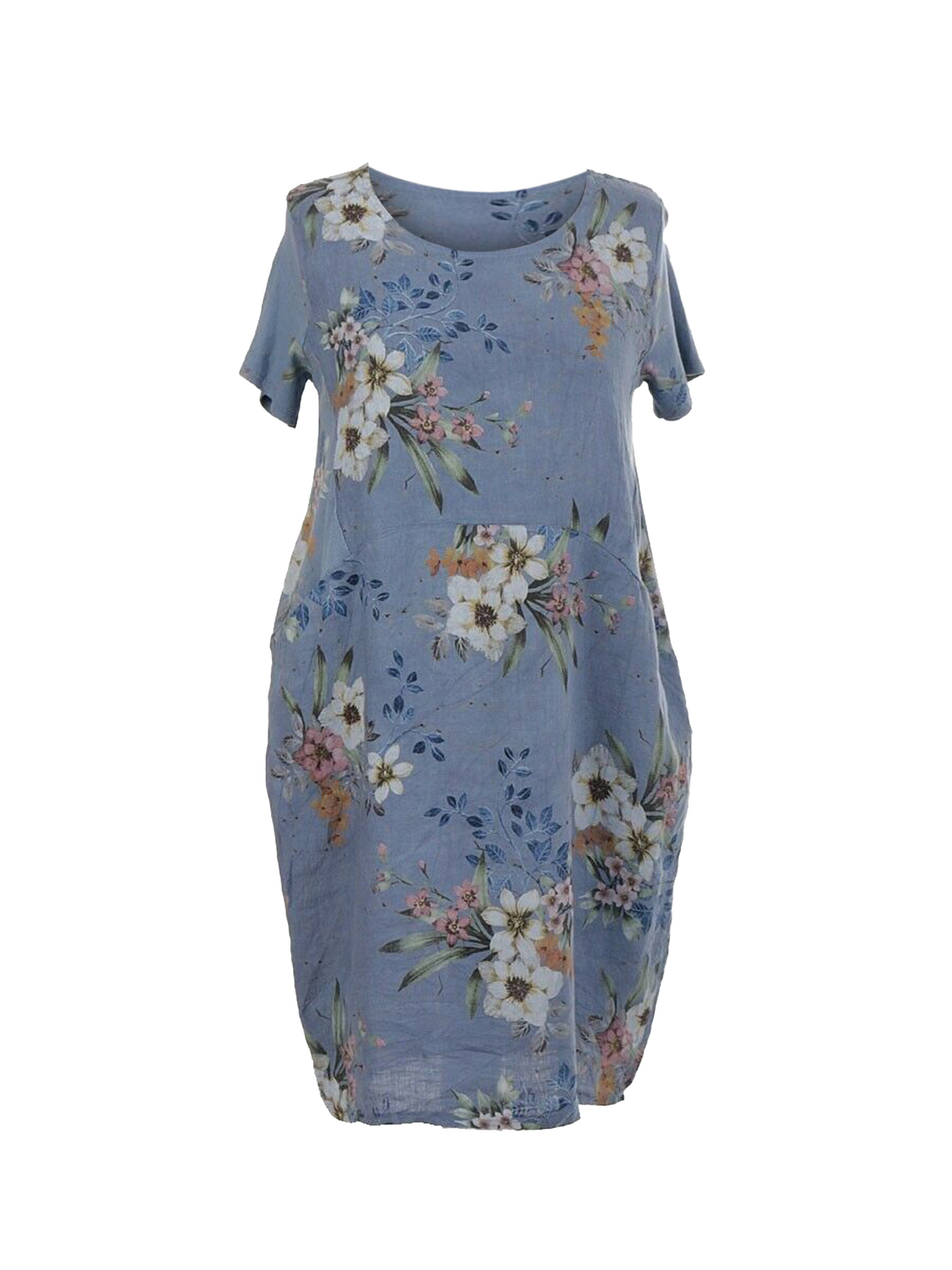 NEW Ladies FLORAL Summer Italian Womens Lagenlook LINEN Scoop Neck POCKET DRESS