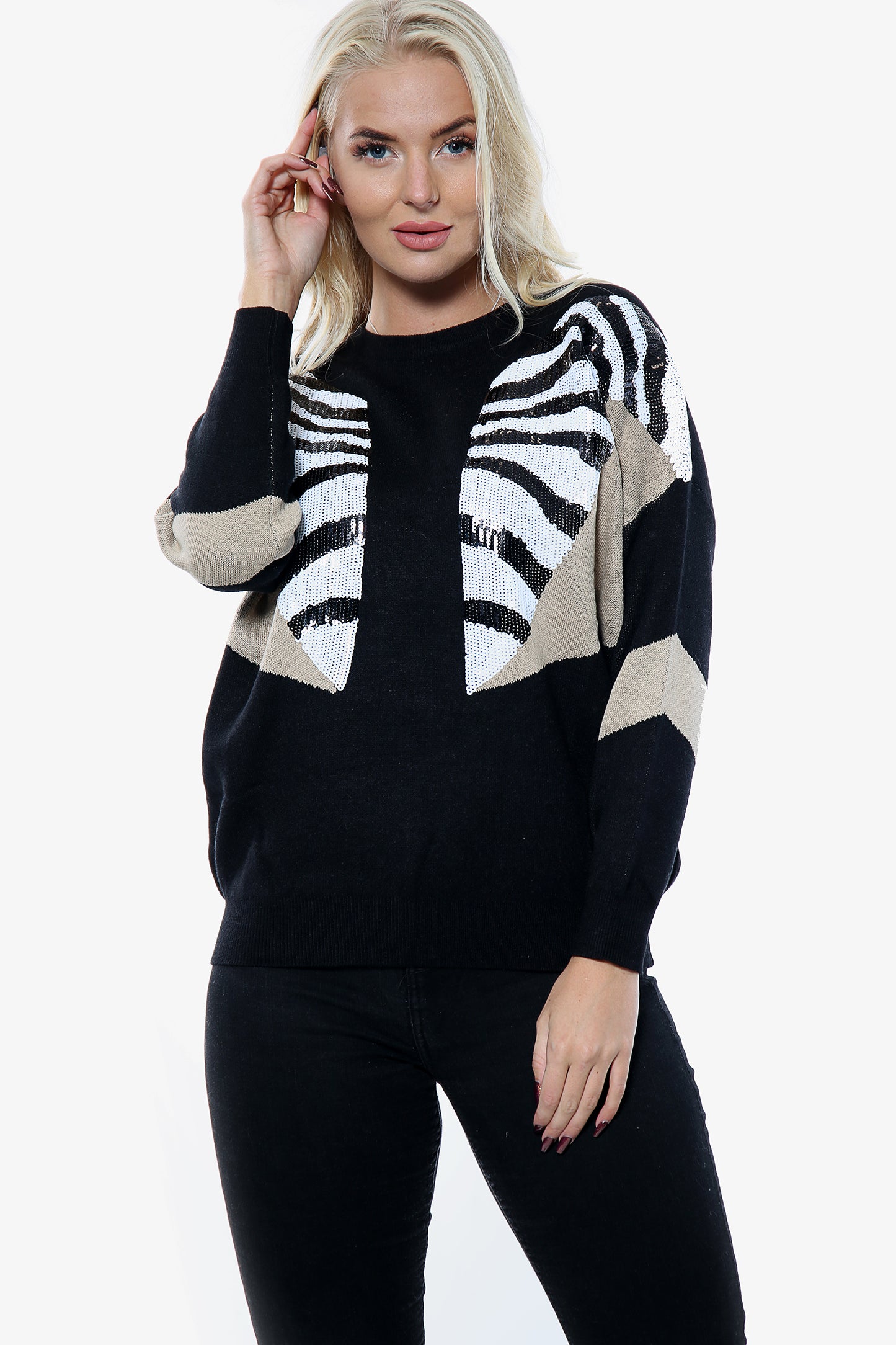 Black Zebra Sequin Two Tone Jumper