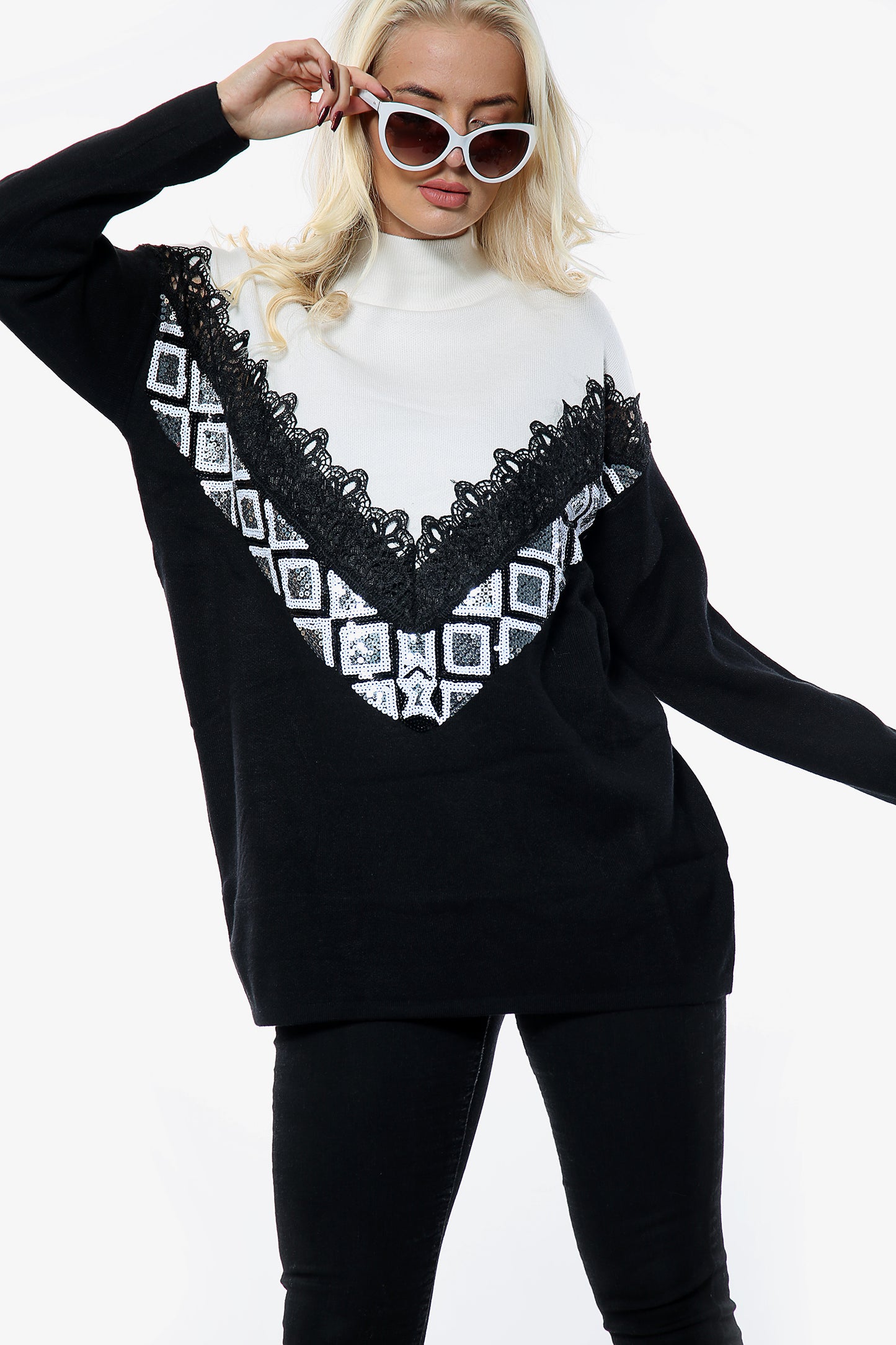 Long Lace Sequin Front Soft Knit Jumper