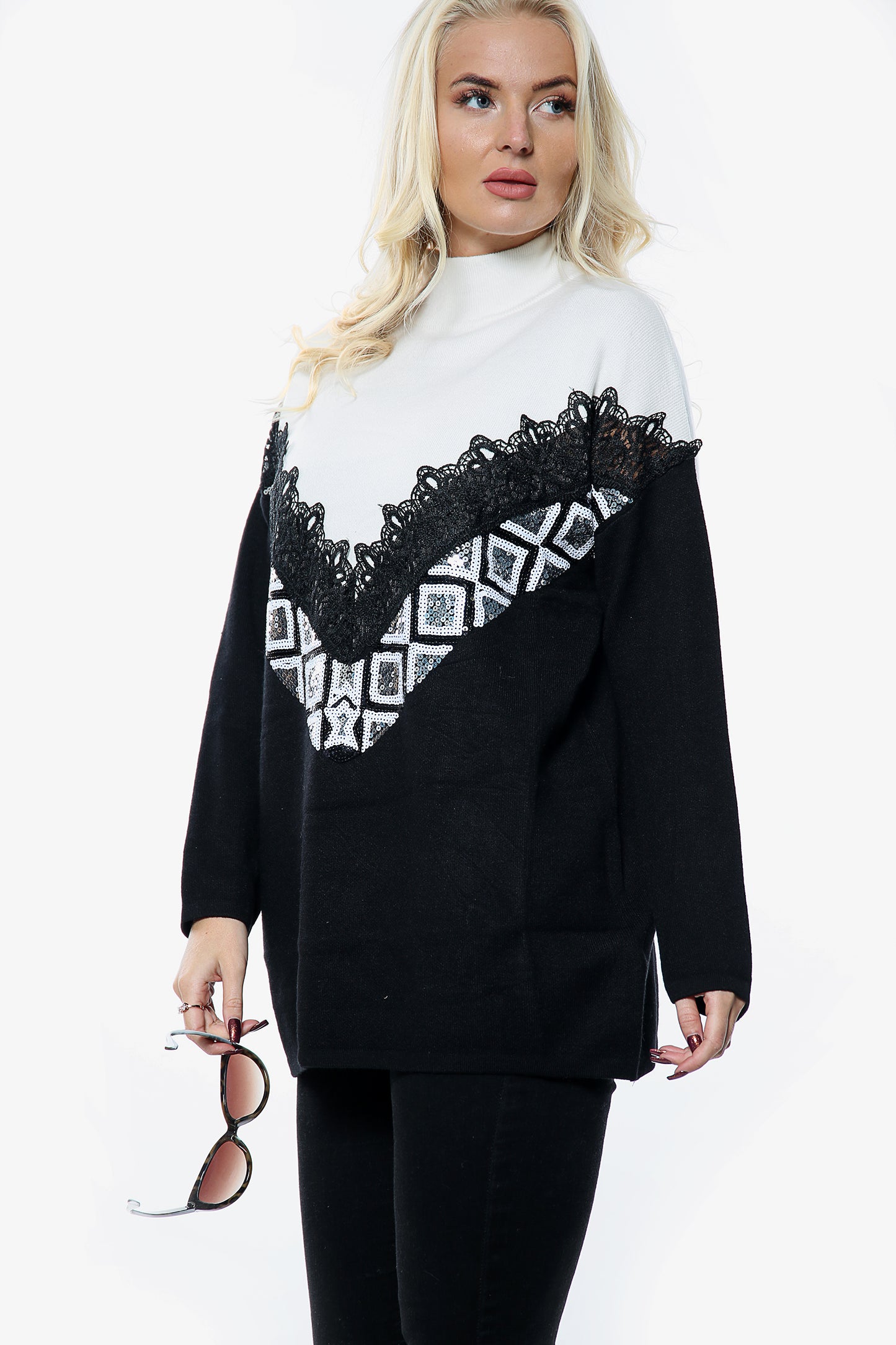 Long Lace Sequin Front Soft Knit Jumper