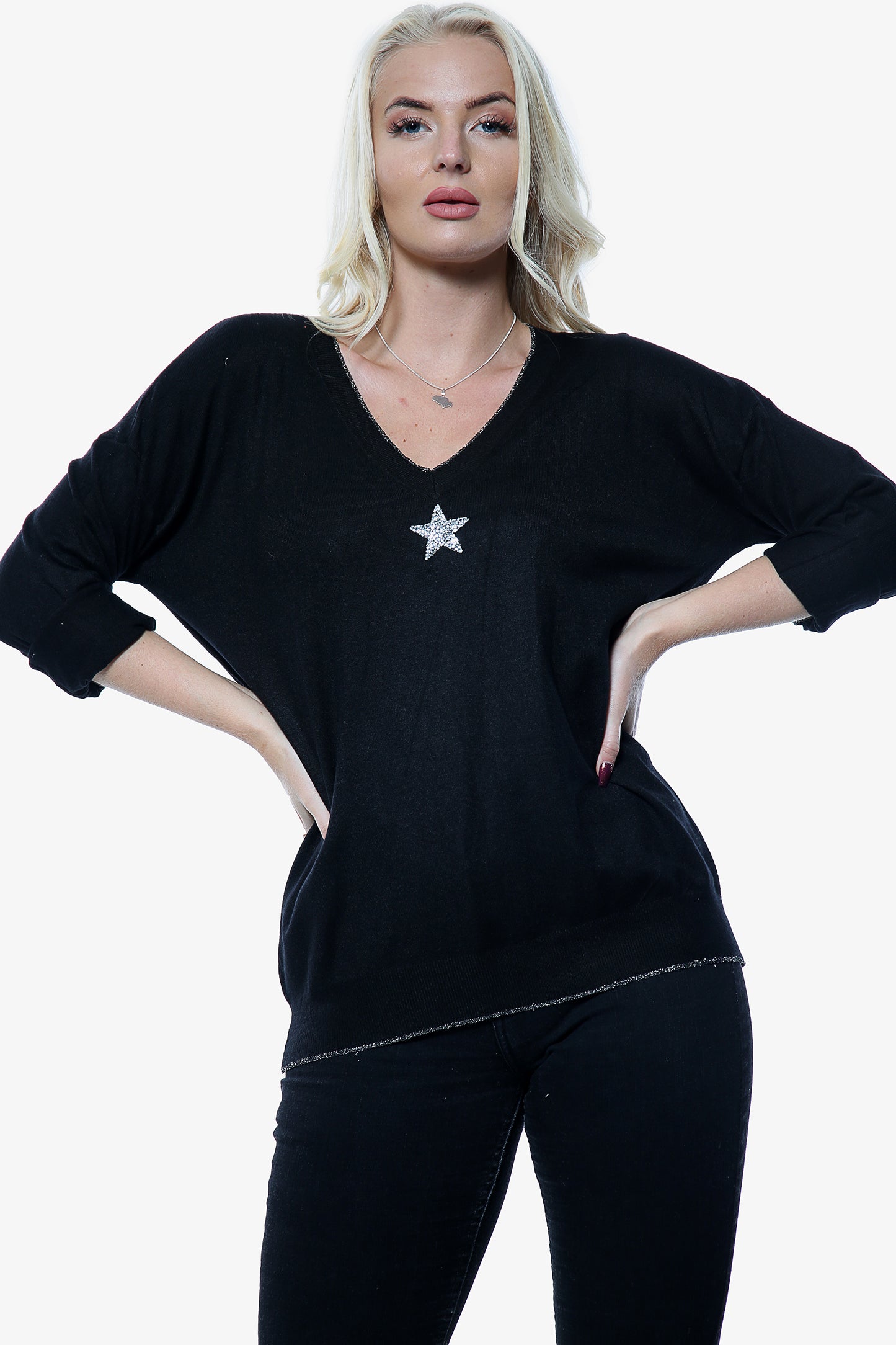 Black Soft Knit Shiny Star Top