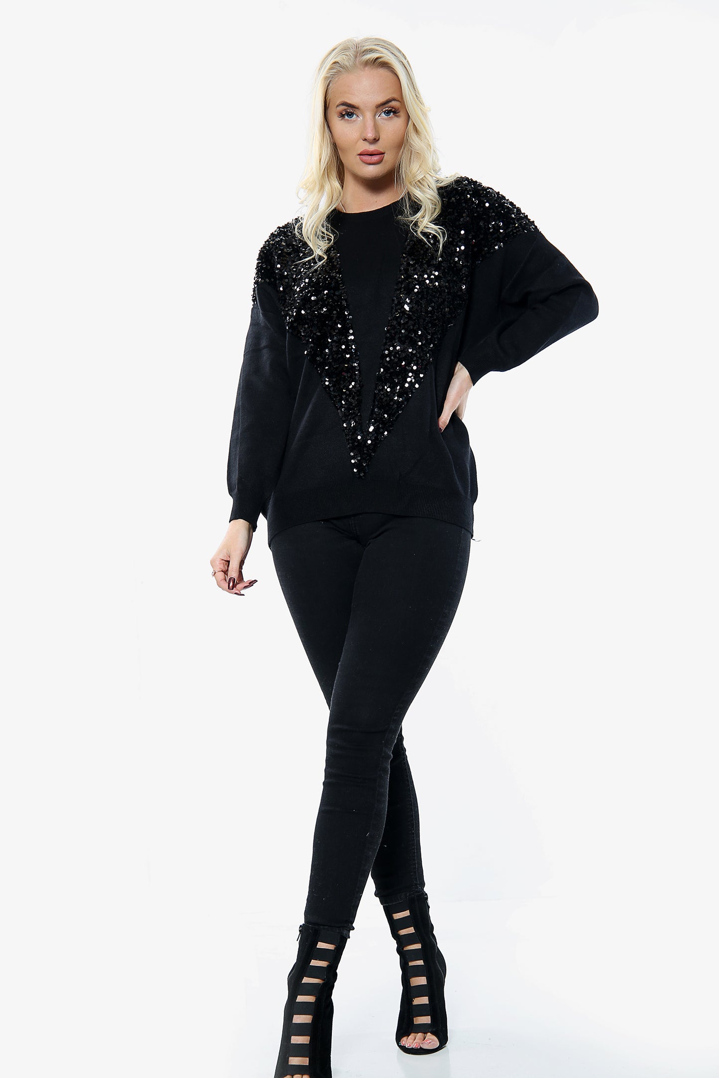 Black V Front Sequin Jumper