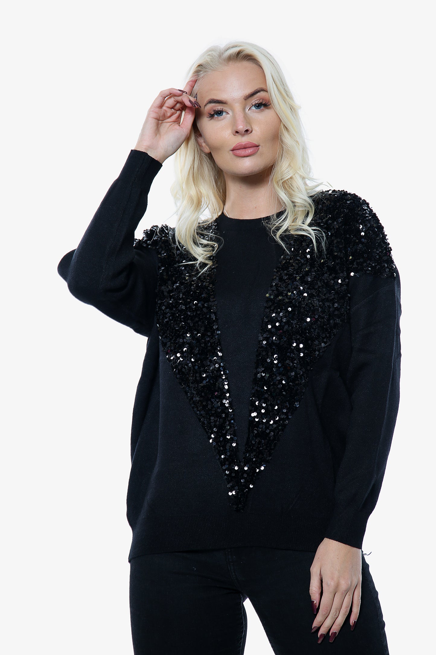 Black V Front Sequin Jumper