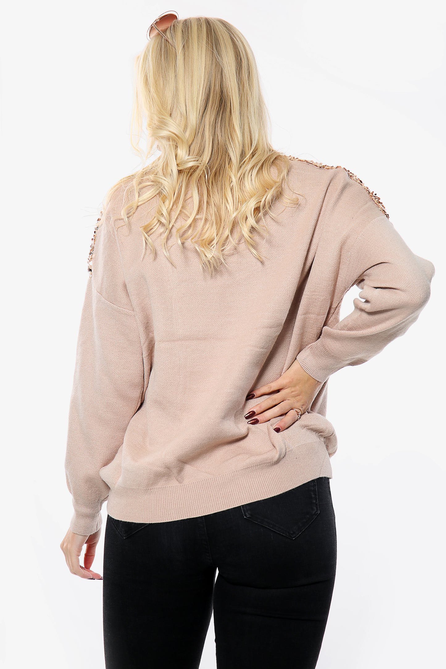 Blush Nude V Front Sequin Jumper