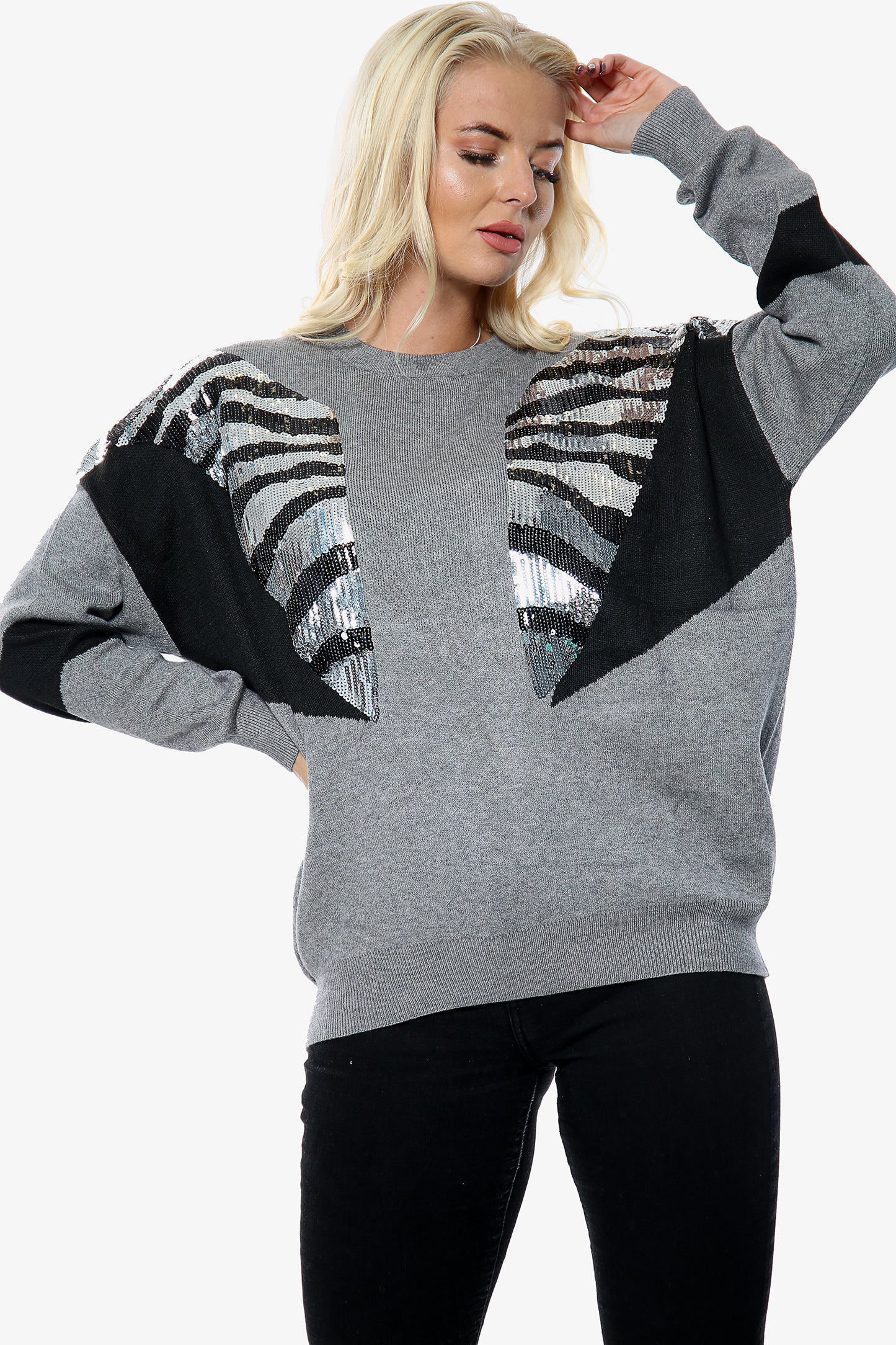 Grey Zebra Sequin Two Tone Jumper