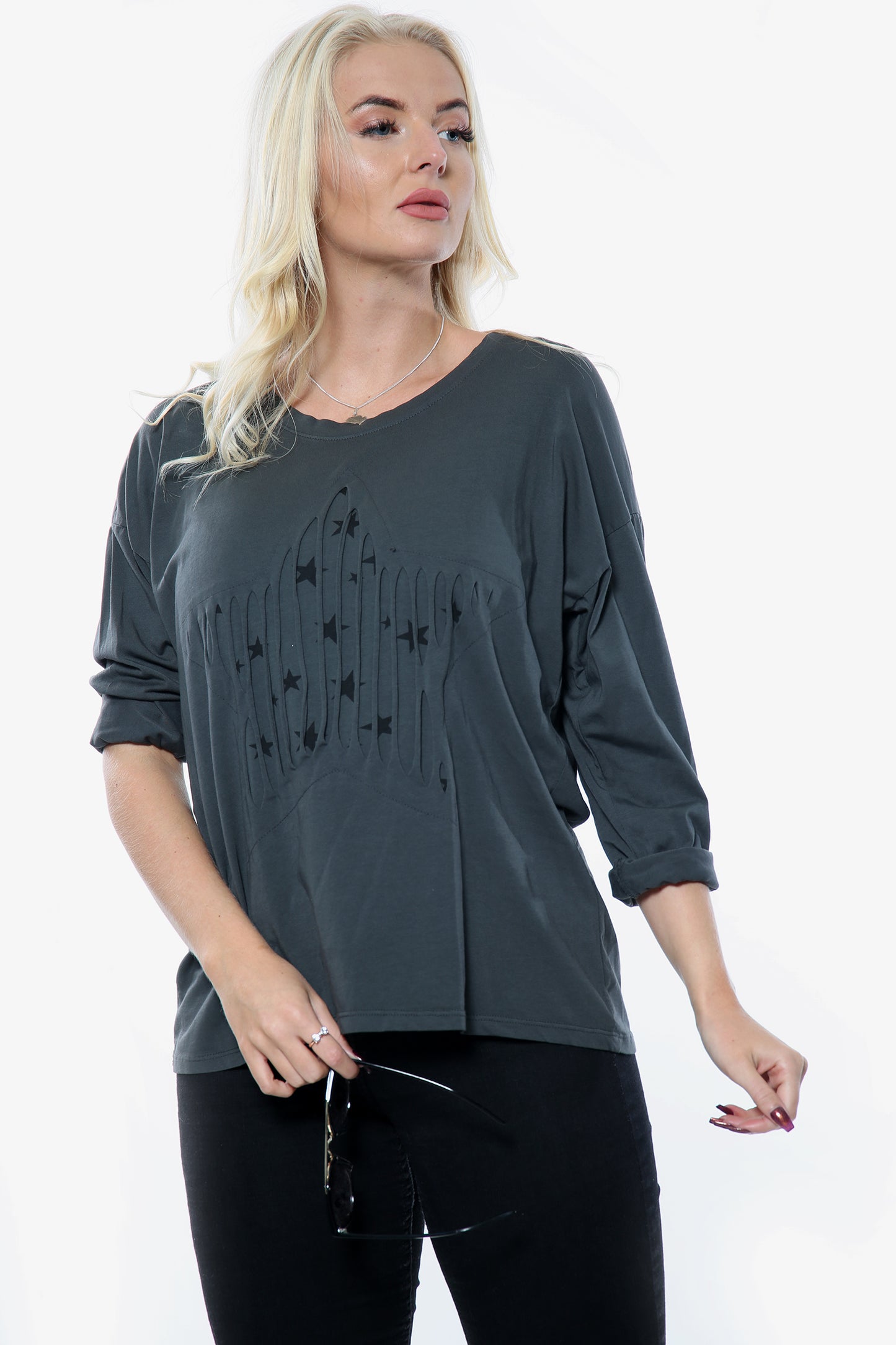 Charcoal Grey Ripped Star Print Insert Top