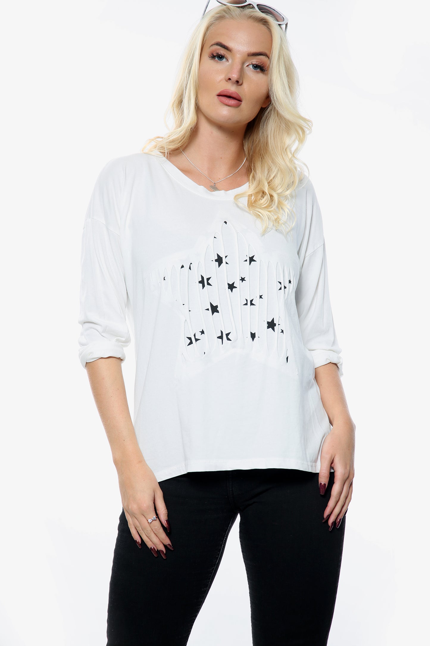 White Ripped Star Print Insert Top