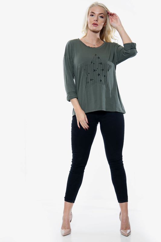 Khaki Ripped Star Print Insert Top