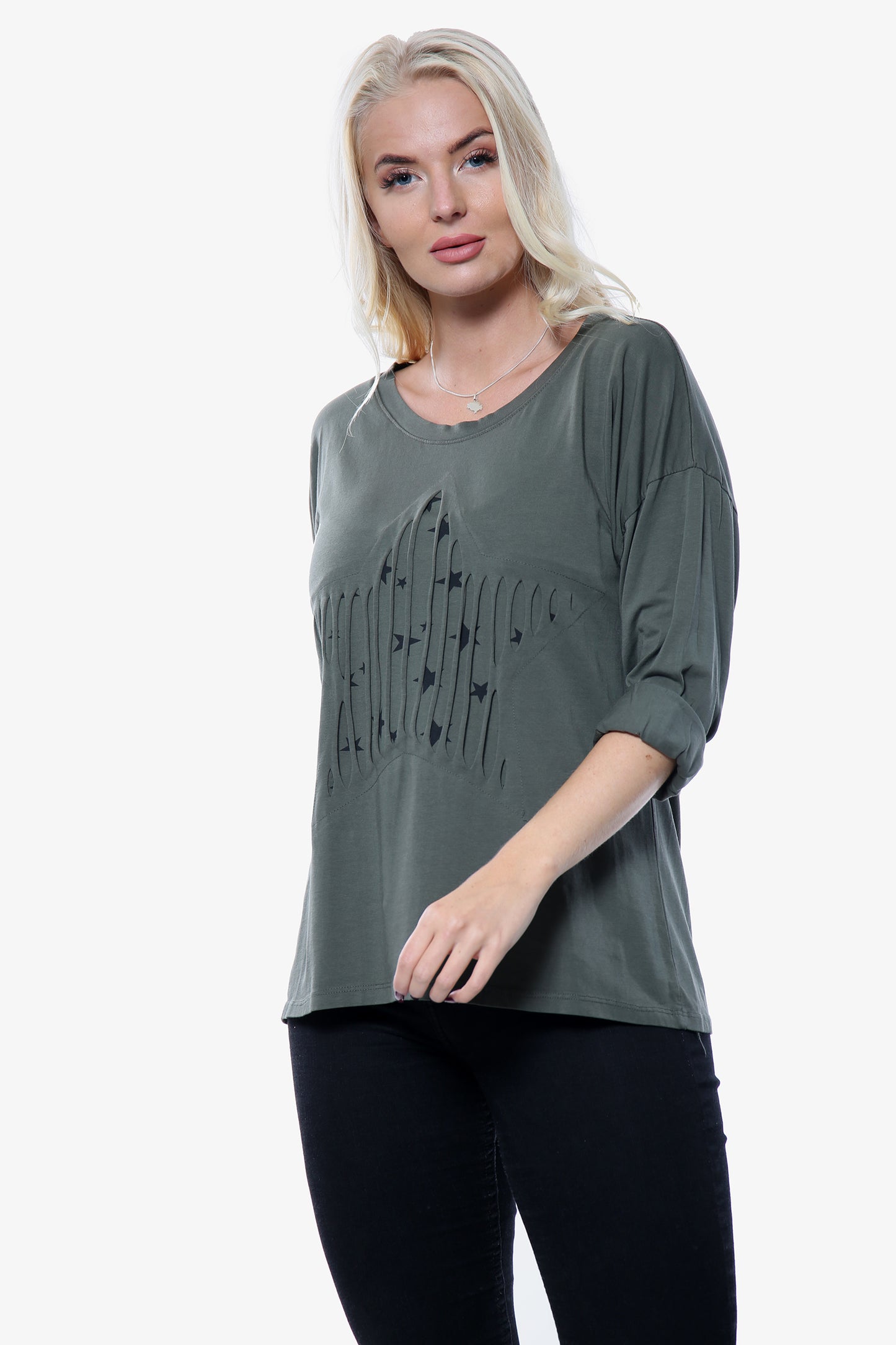 Khaki Ripped Star Print Insert Top