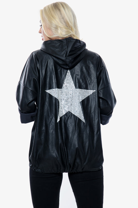 Faux Leather Black Star Sequin Hooded Jacket