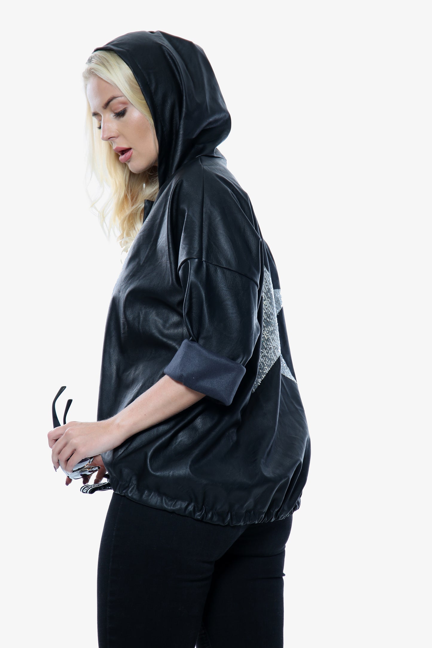 Faux Leather Black Star Sequin Hooded Jacket