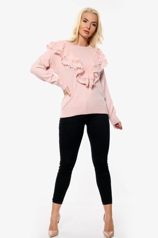 Pink Crochet Lace Frill Front Jumper