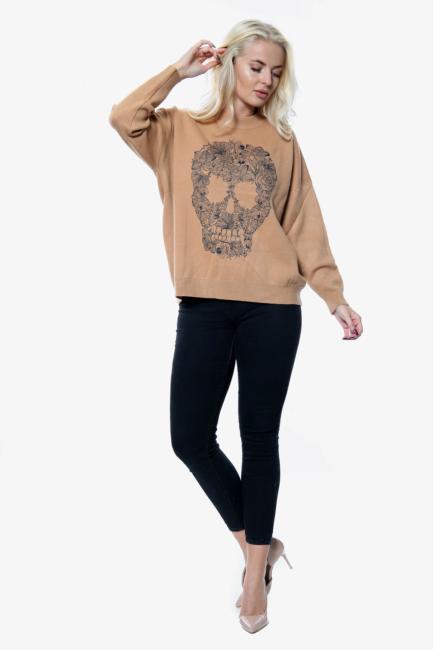 Camel Floral Skull Print Oversize Jumper