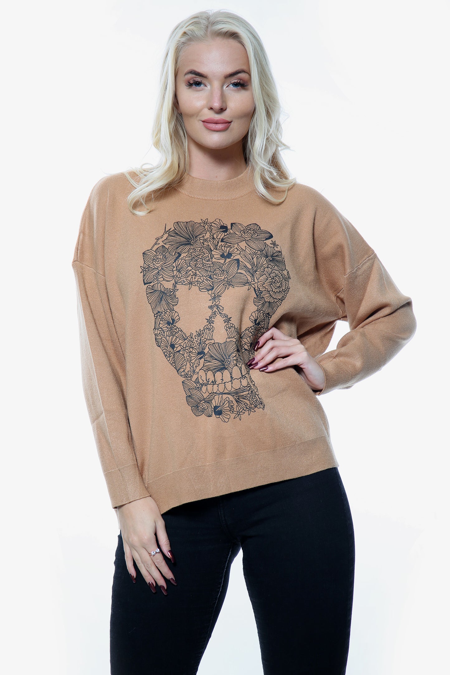 Camel Floral Skull Print Oversize Jumper