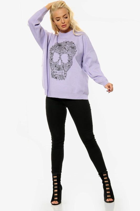 Lilac Floral Skull Print Oversize Jumper