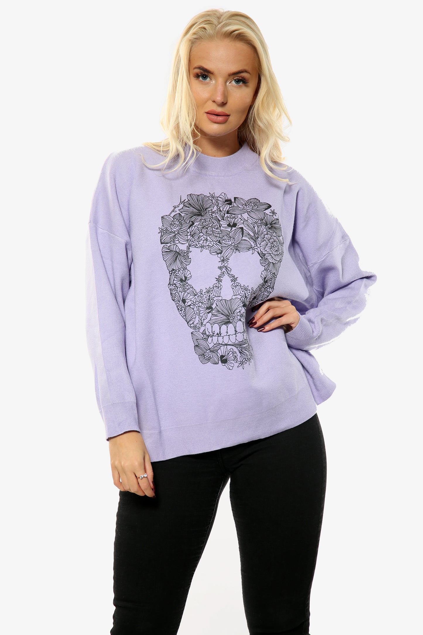 Lilac Floral Skull Print Oversize Jumper