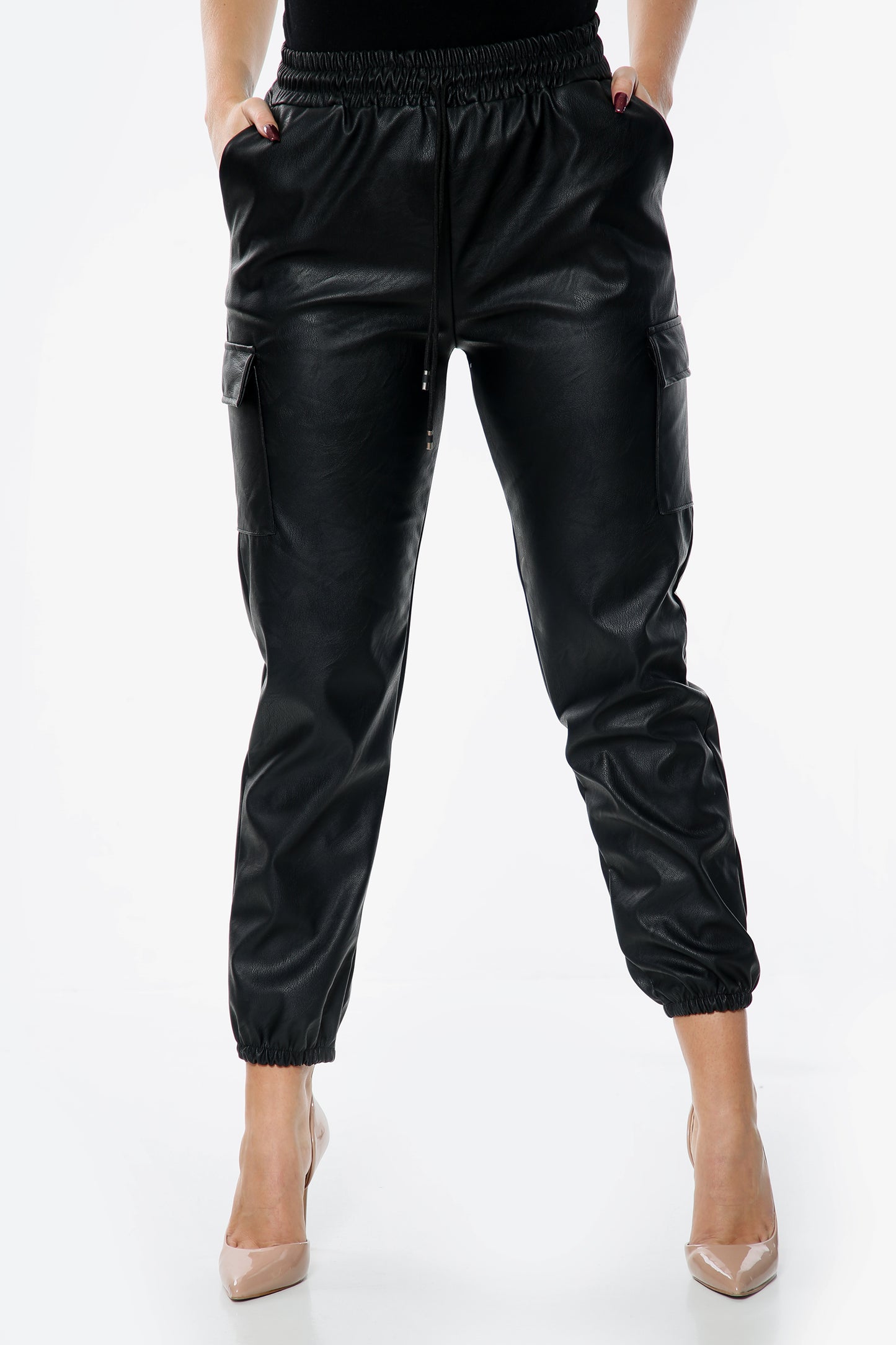 Faux Leather Pocket Combat Trousers