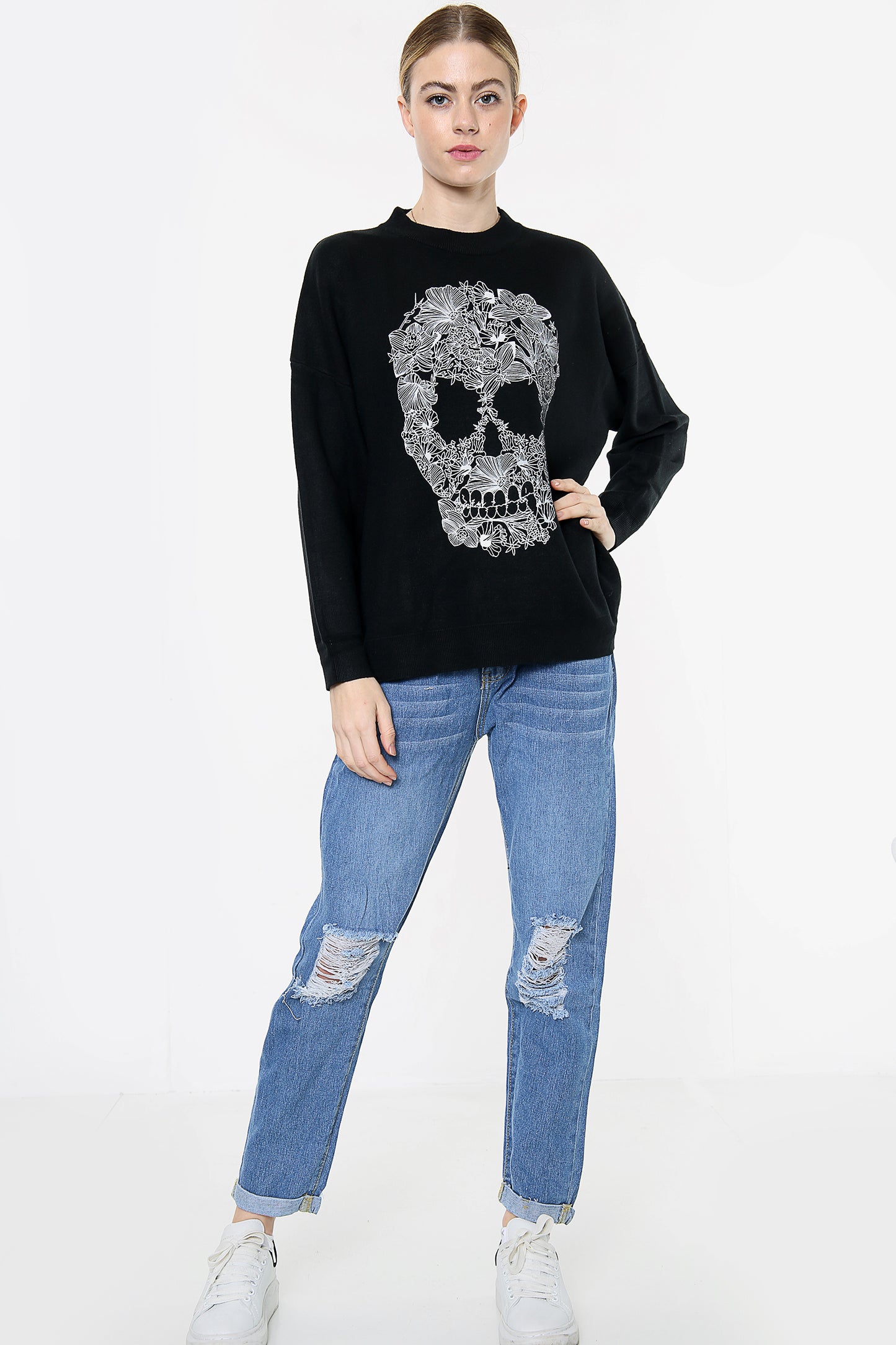 Black Floral Skull Print Oversize Jumper