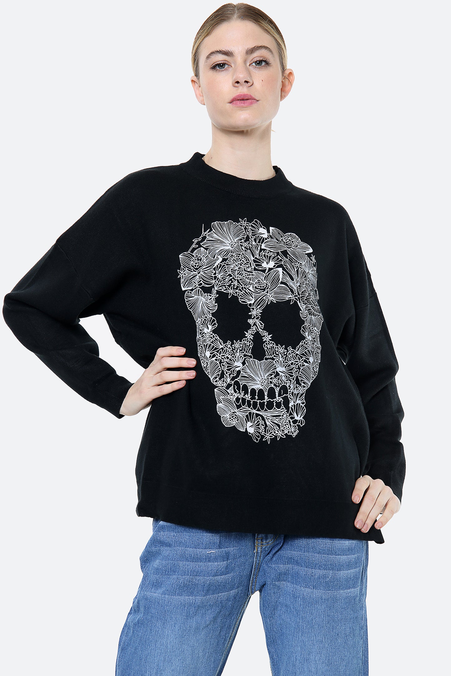 Black Floral Skull Print Oversize Jumper