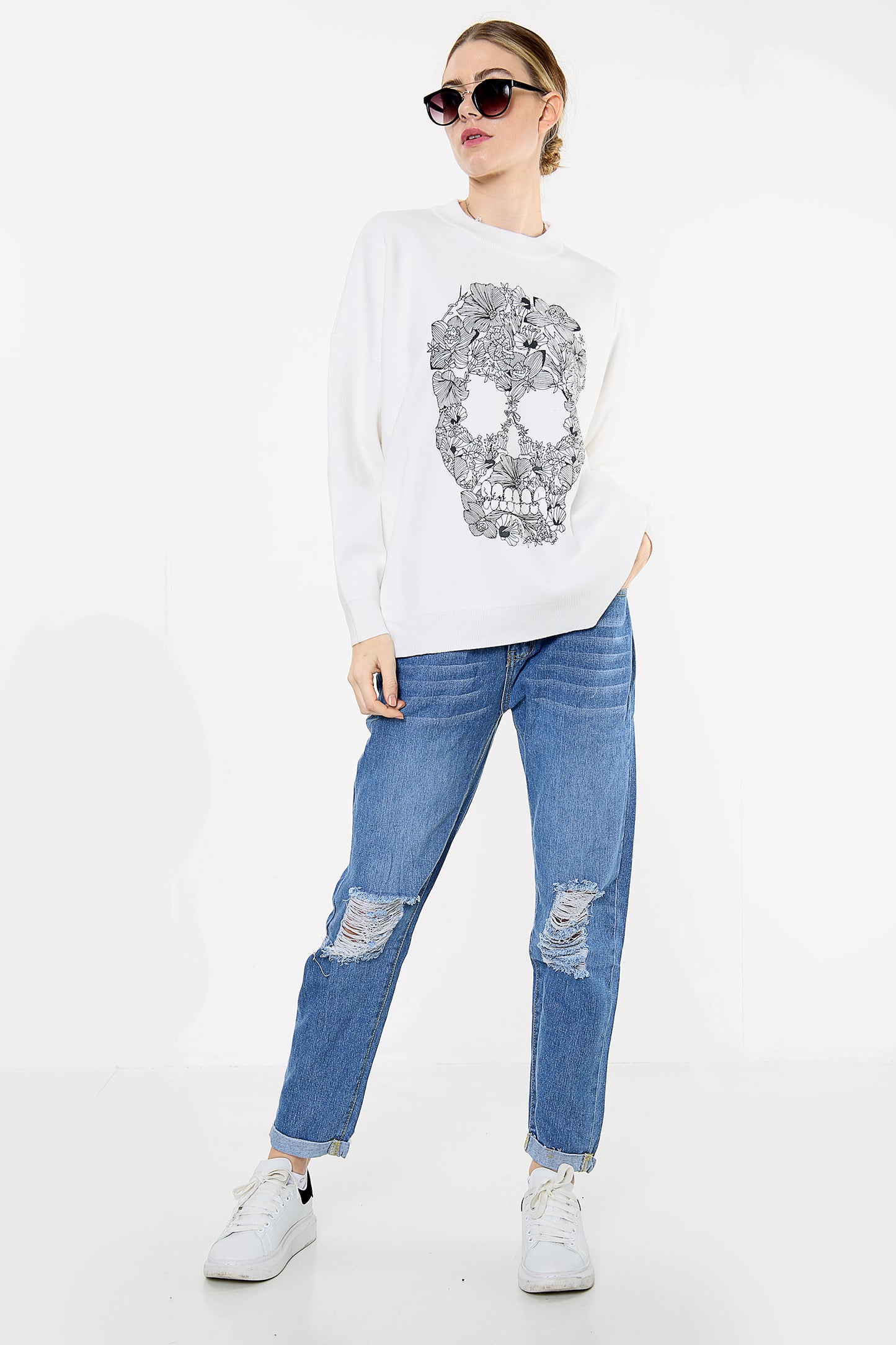 White Floral Skull Print Oversize Jumper