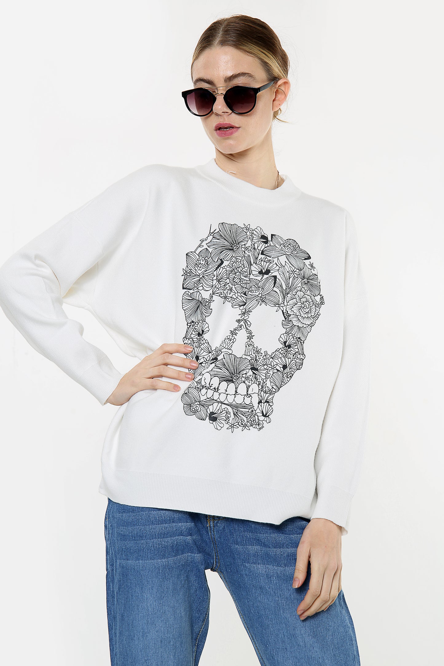 White Floral Skull Print Oversize Jumper