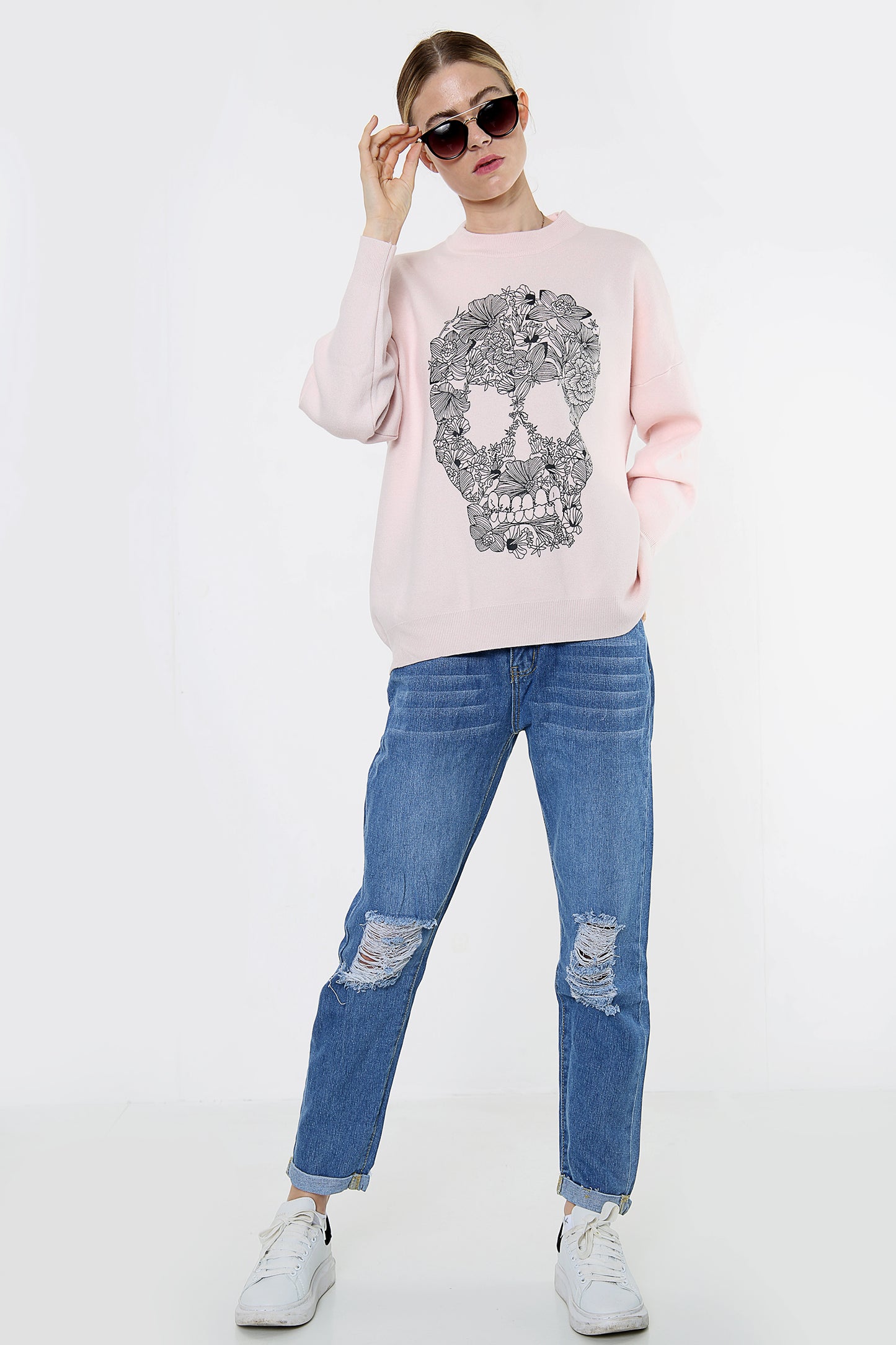 Pink Floral Skull Print Oversize Jumper