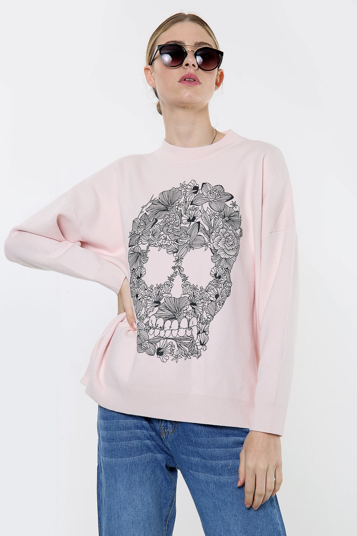 Pink Floral Skull Print Oversize Jumper