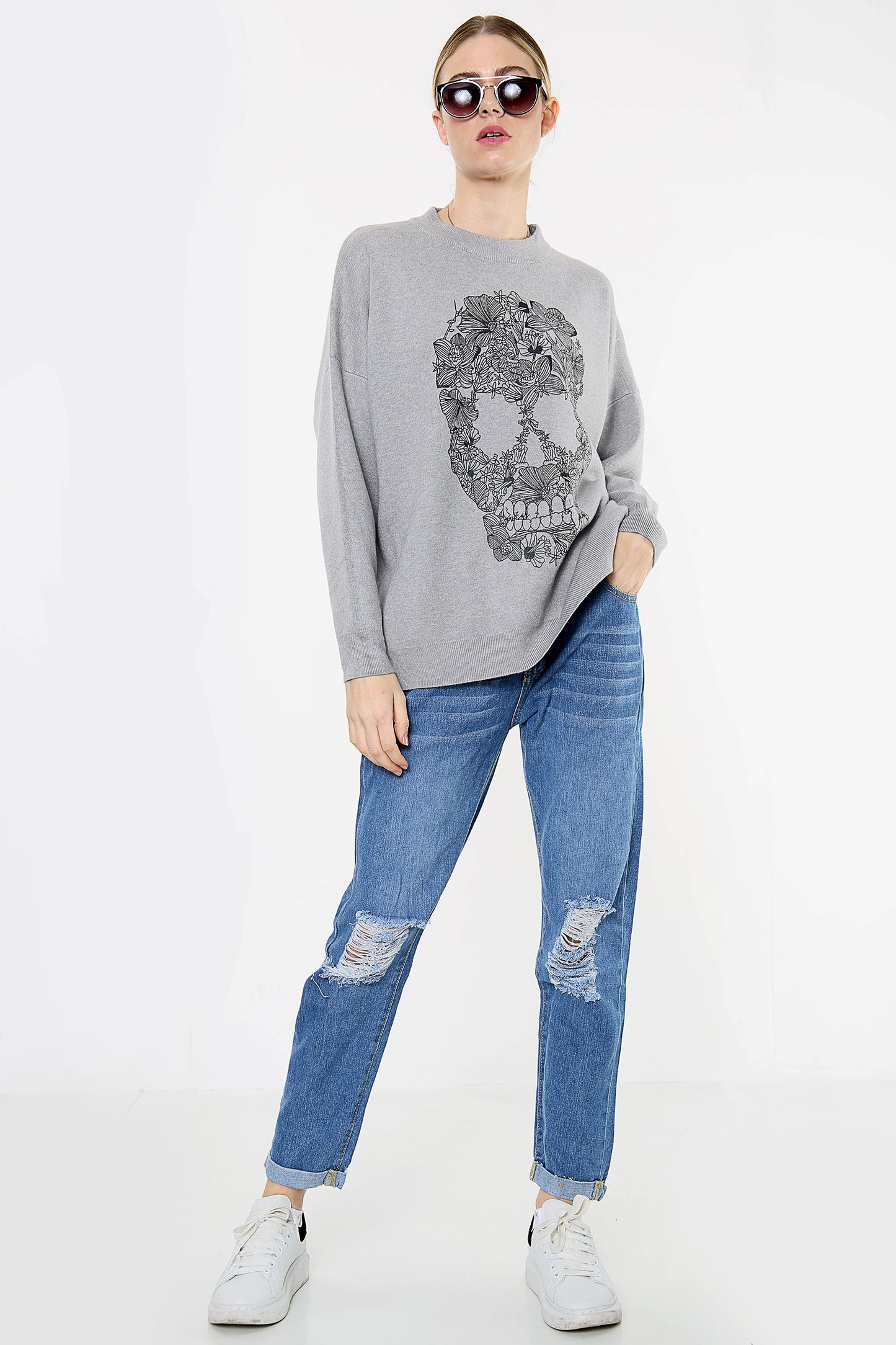 Grey Floral Skull Print Oversize Jumper