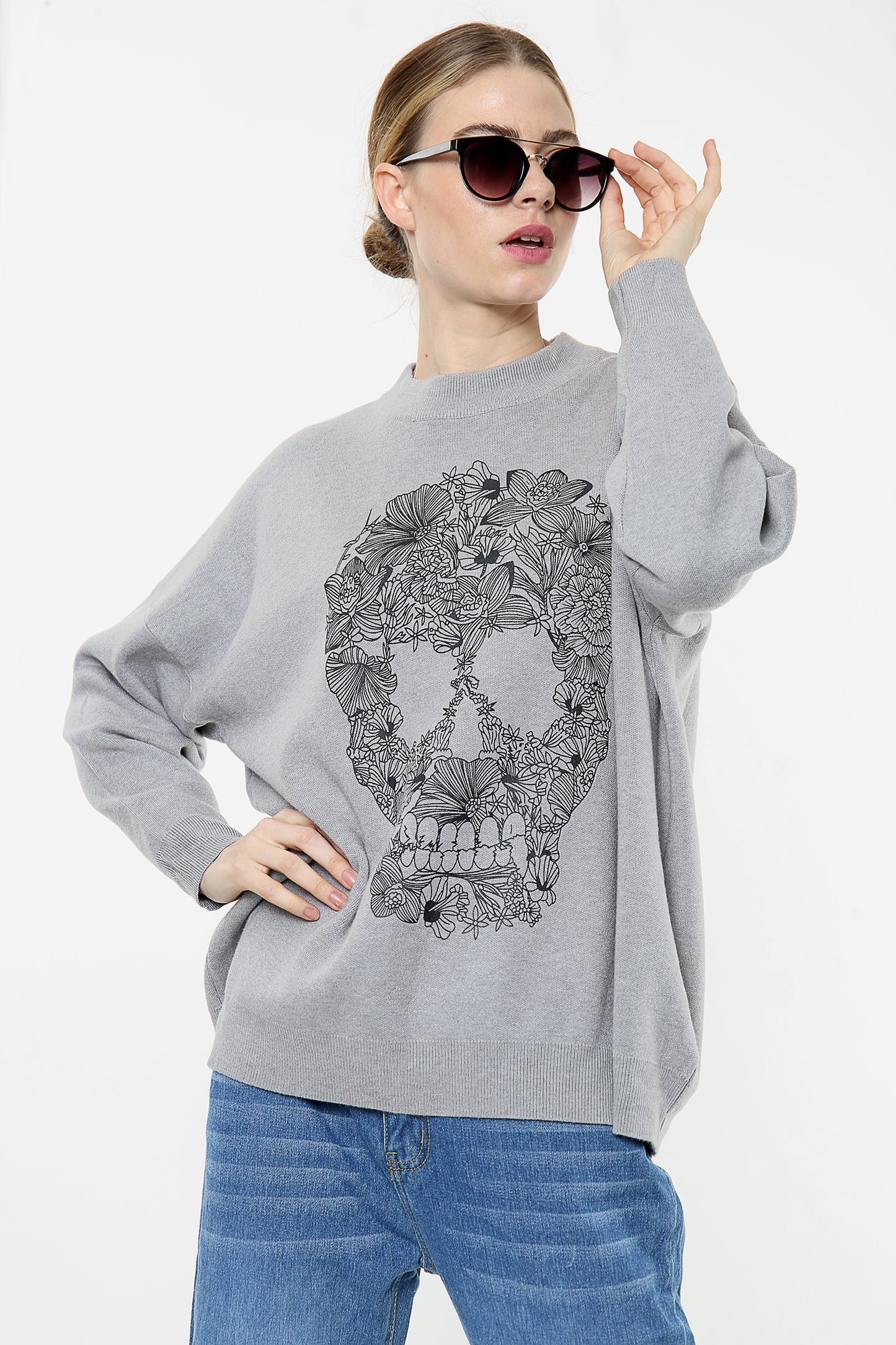 Grey Floral Skull Print Oversize Jumper