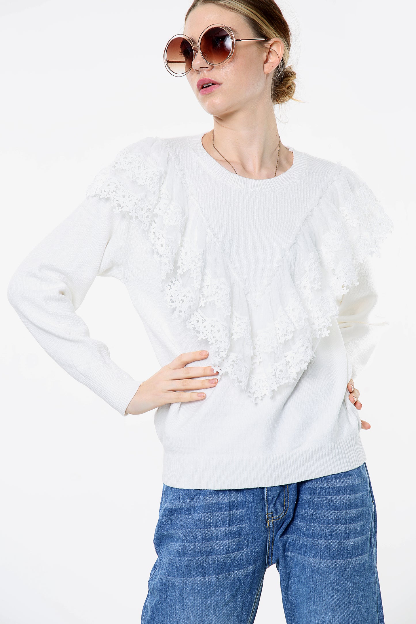 White Crochet Lace Frill Front Jumper