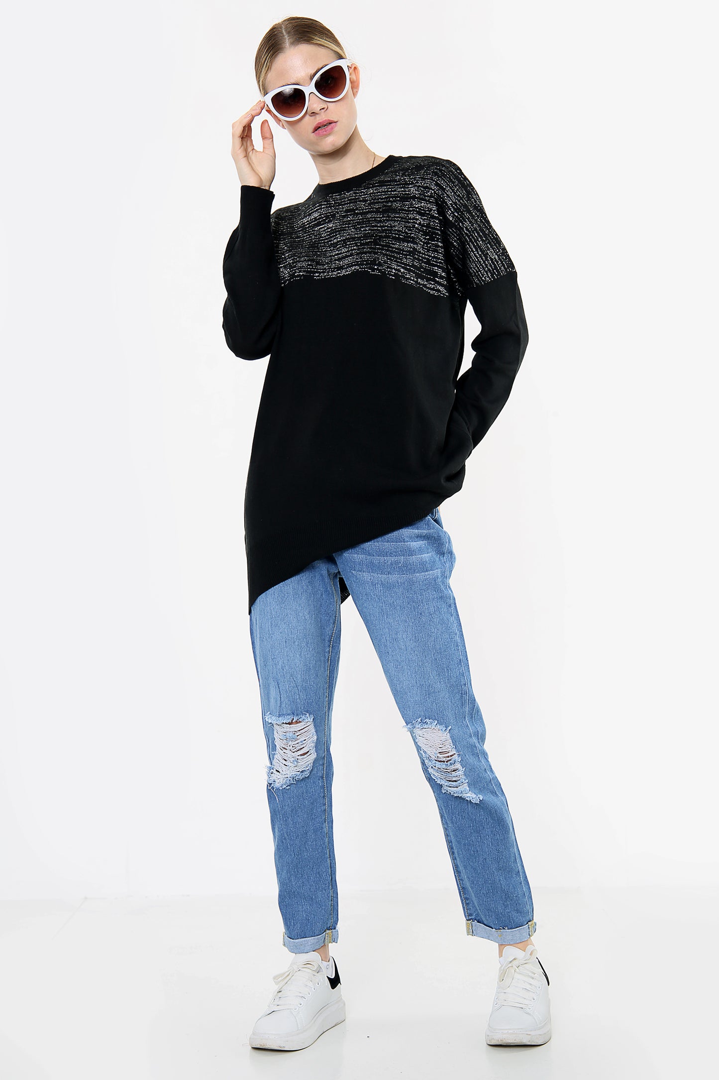 Black Colour Block Soft Knit Long Jumper