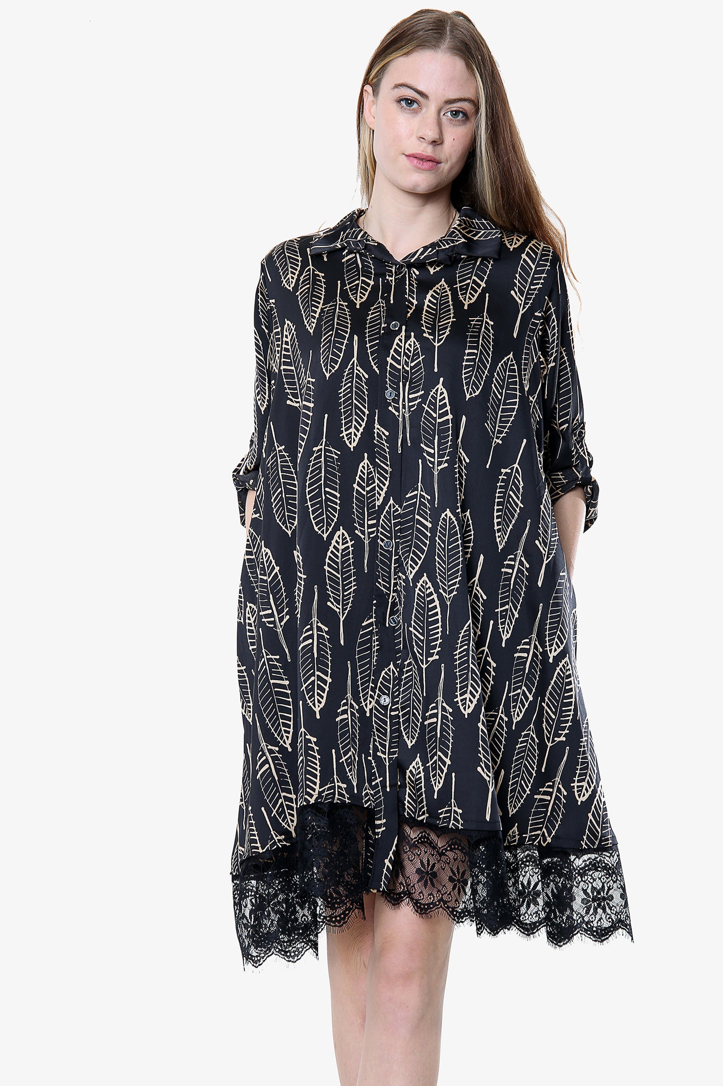 Leaf Print Soft Touch Black Shirt Dress