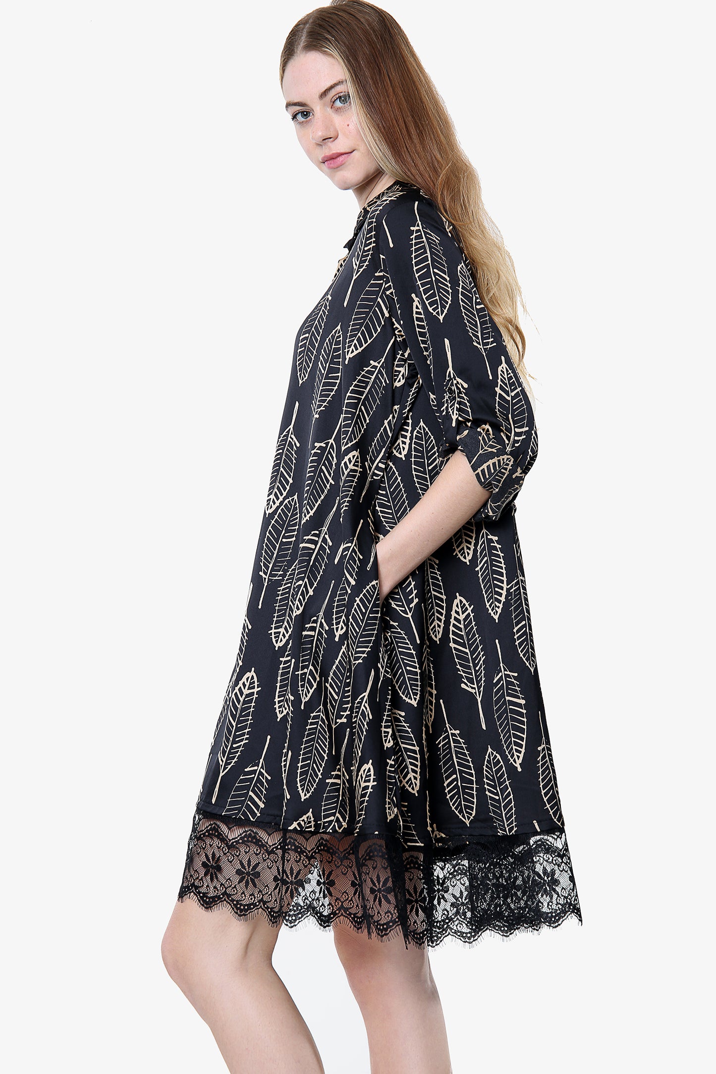 Leaf Print Soft Touch Black Shirt Dress