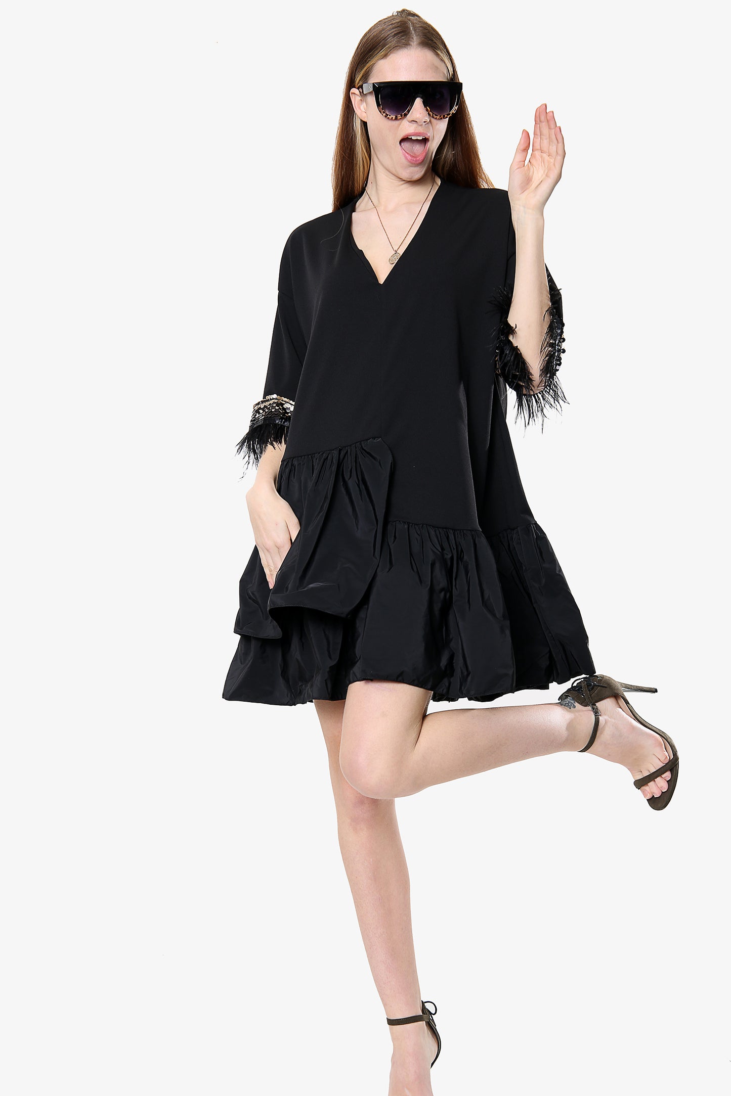 Puff Hem Black Frock Dress