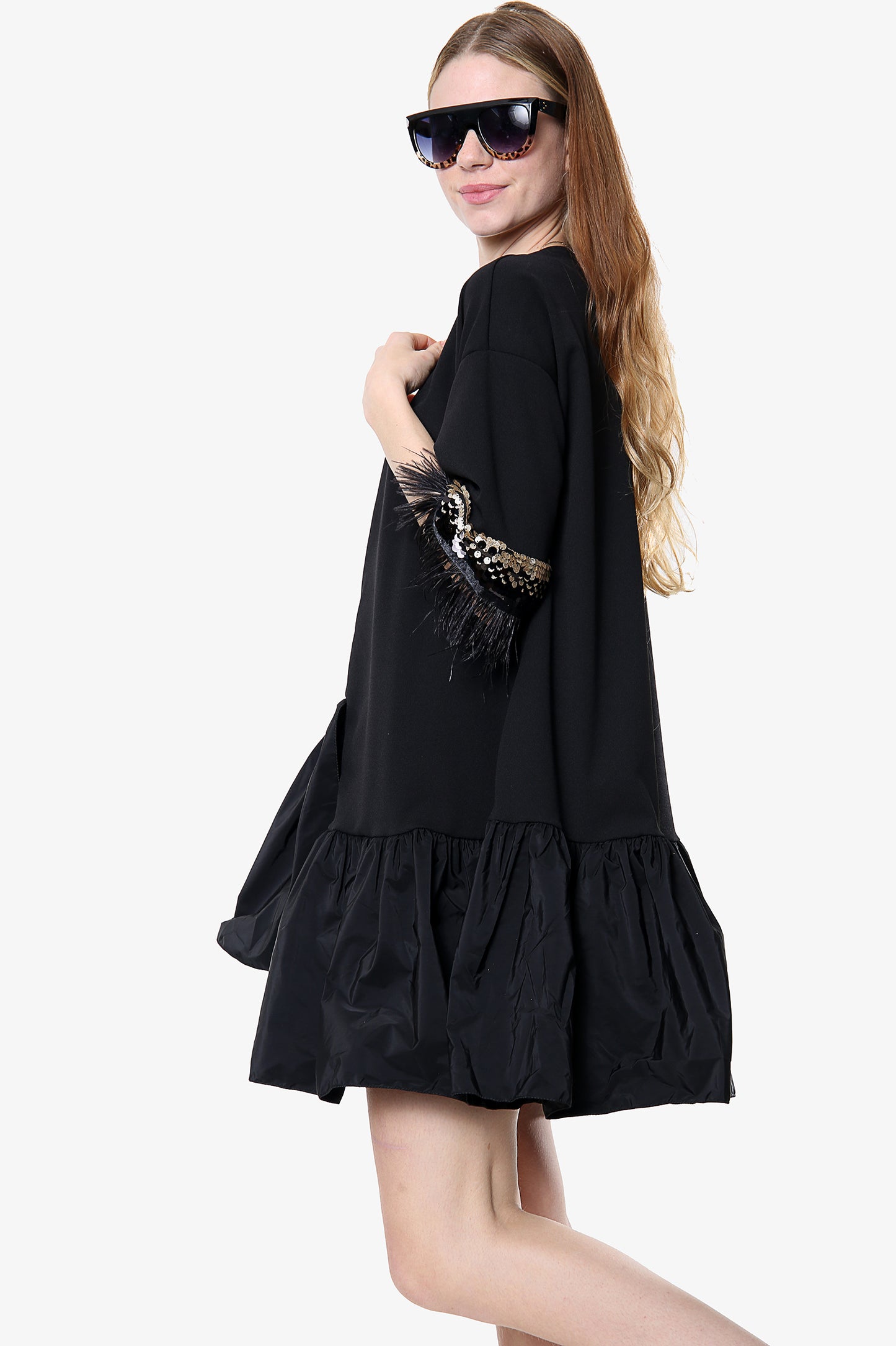 Puff Hem Black Frock Dress