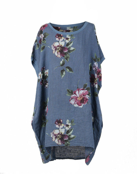 NEW Ladies Floral Print LINEN Top Womens Italian Baggy Dress Lagenlook TUNIC Top