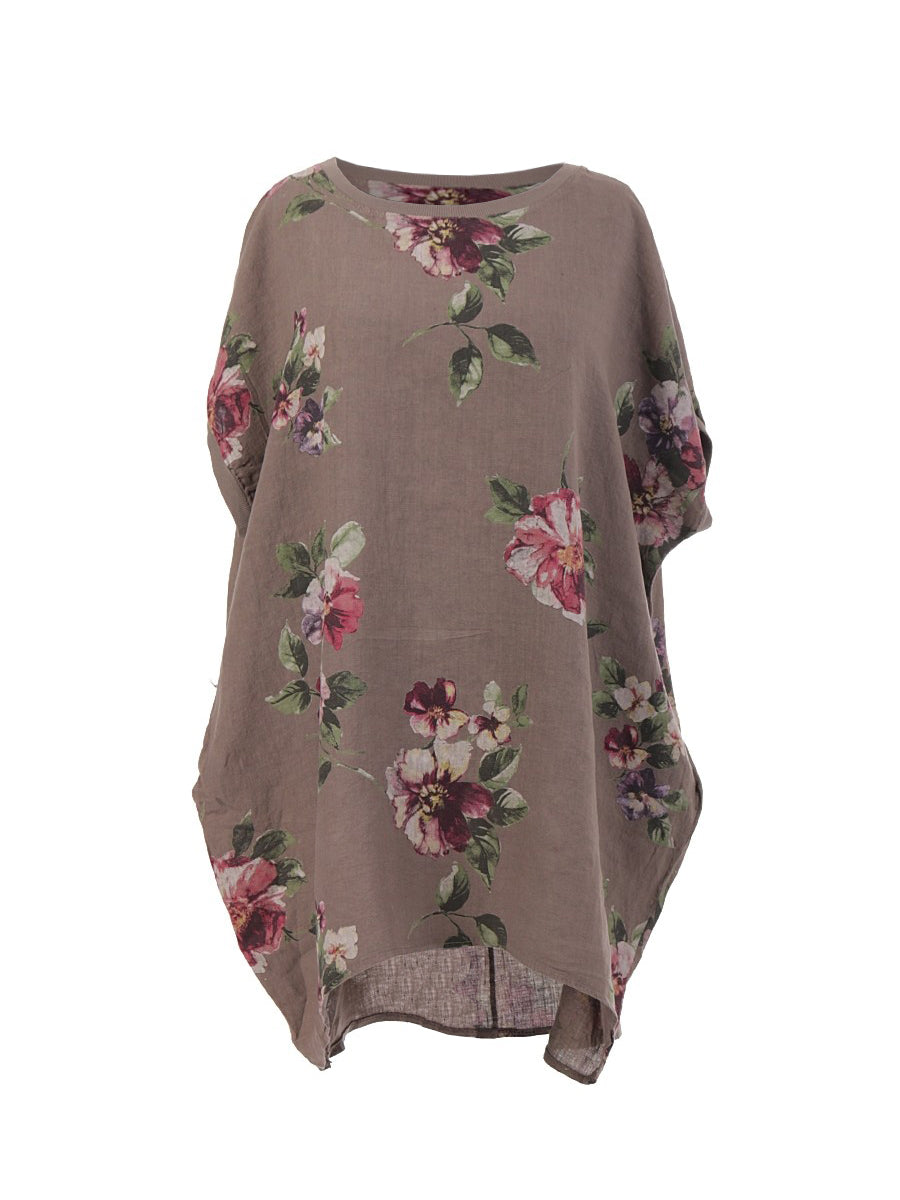 NEW Ladies Floral Print LINEN Top Womens Italian Baggy Dress Lagenlook TUNIC Top