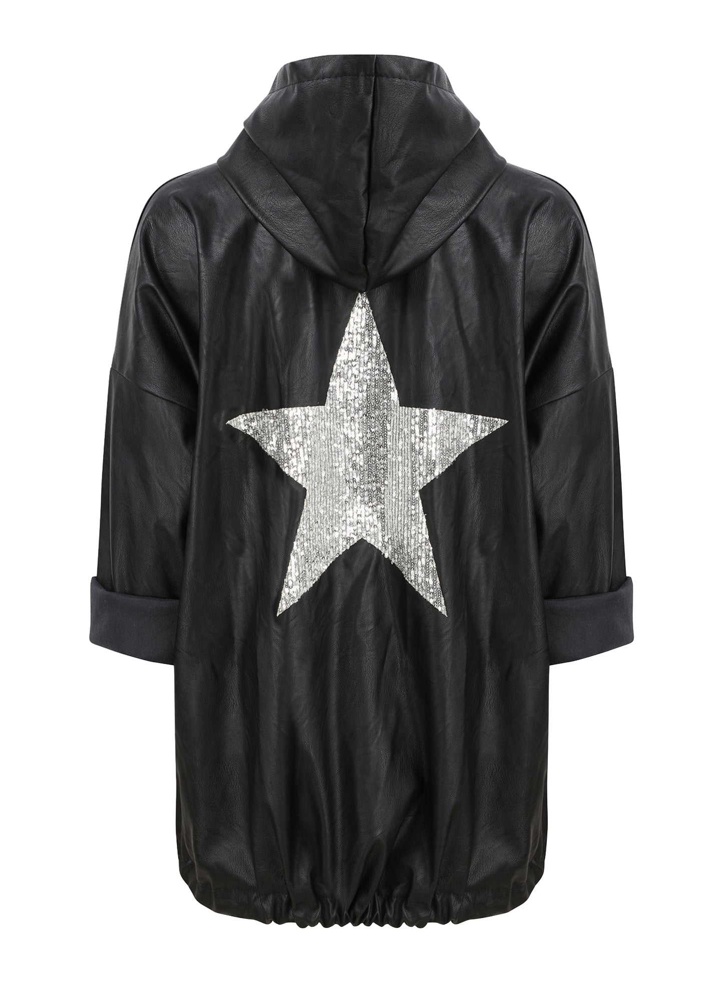 Faux Leather Black Star Sequin Hooded Jacket