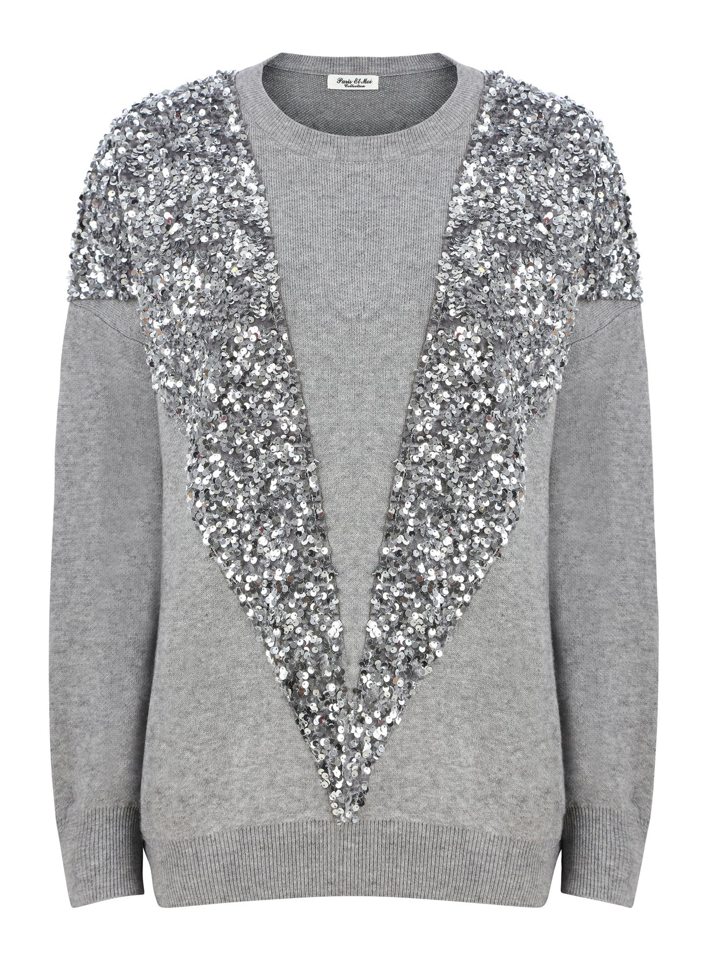 Silver Grey V Front Sequin Jumper