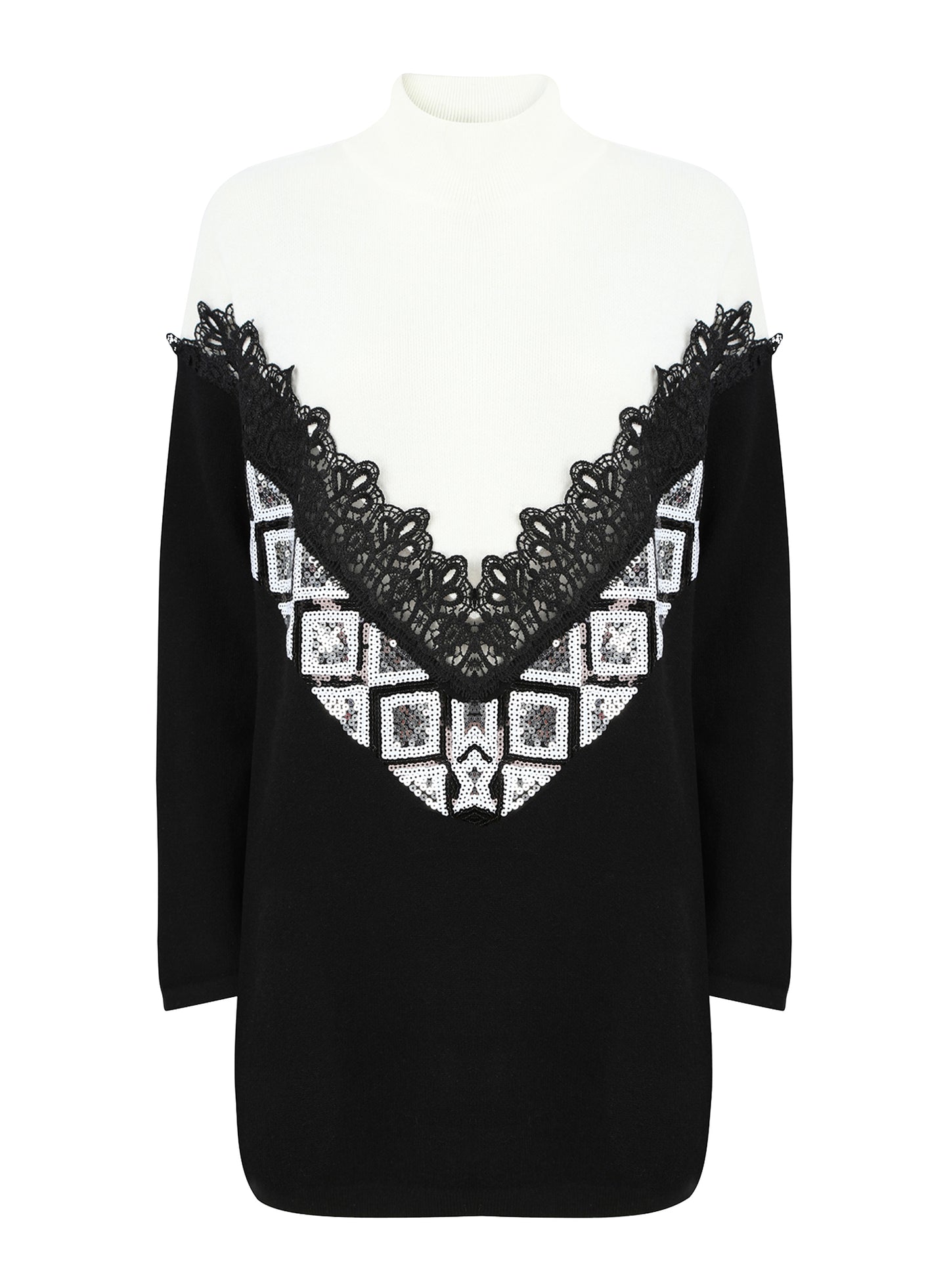 Long Lace Sequin Front Soft Knit Jumper