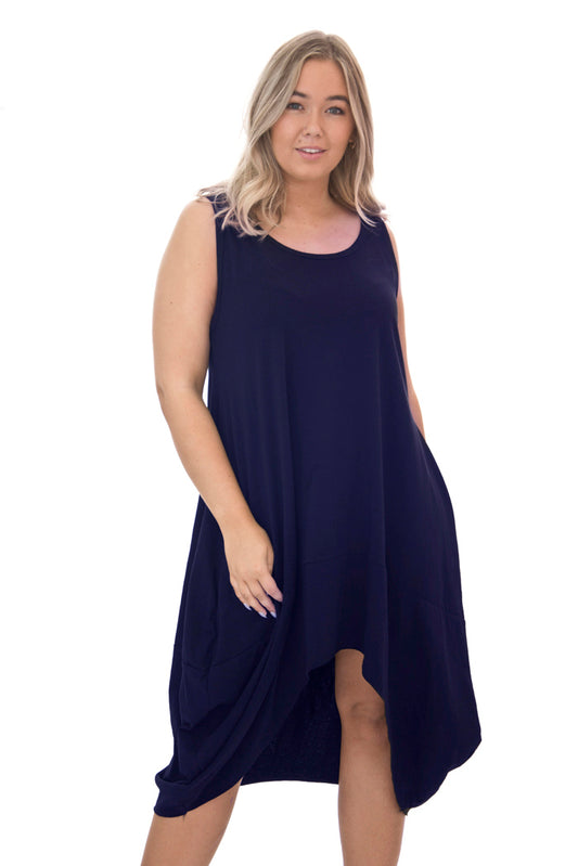 Navy Sleeveless Arch Front Drape Dress