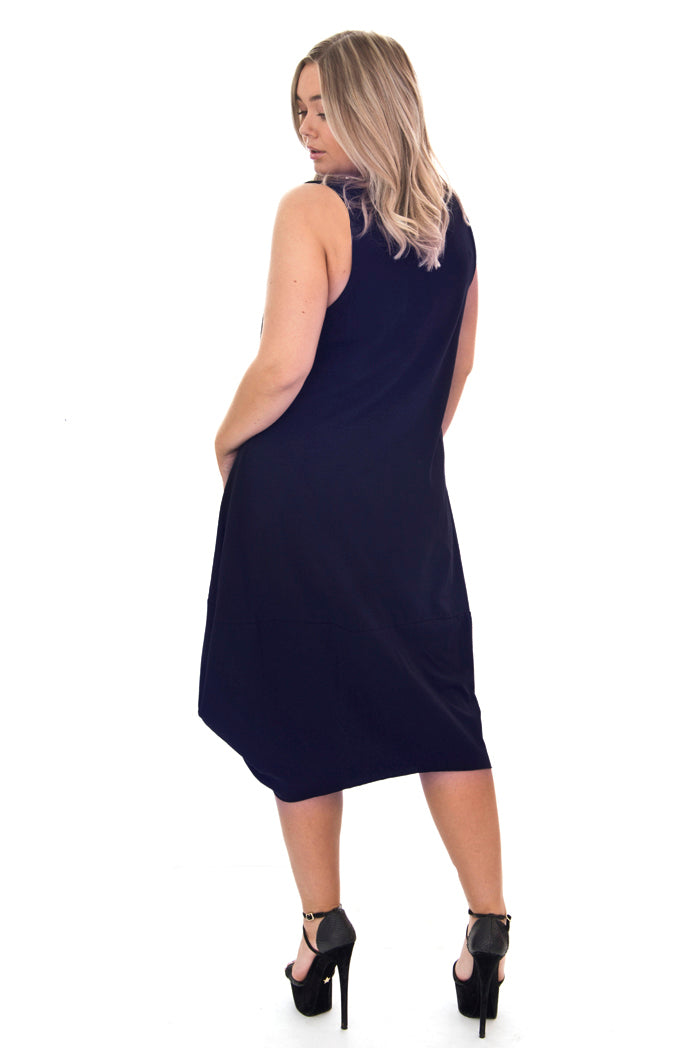 Navy Sleeveless Arch Front Drape Dress