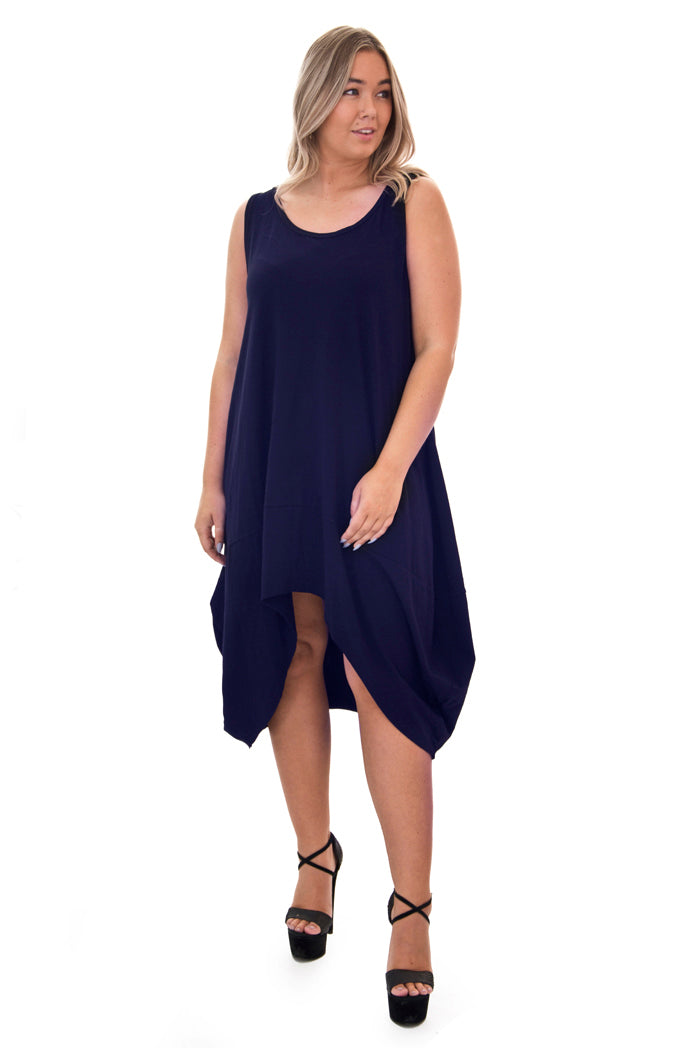 Navy Sleeveless Arch Front Drape Dress