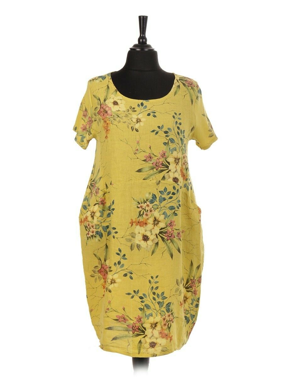 NEW Ladies FLORAL Summer Italian Womens Lagenlook LINEN Scoop Neck POCKET DRESS