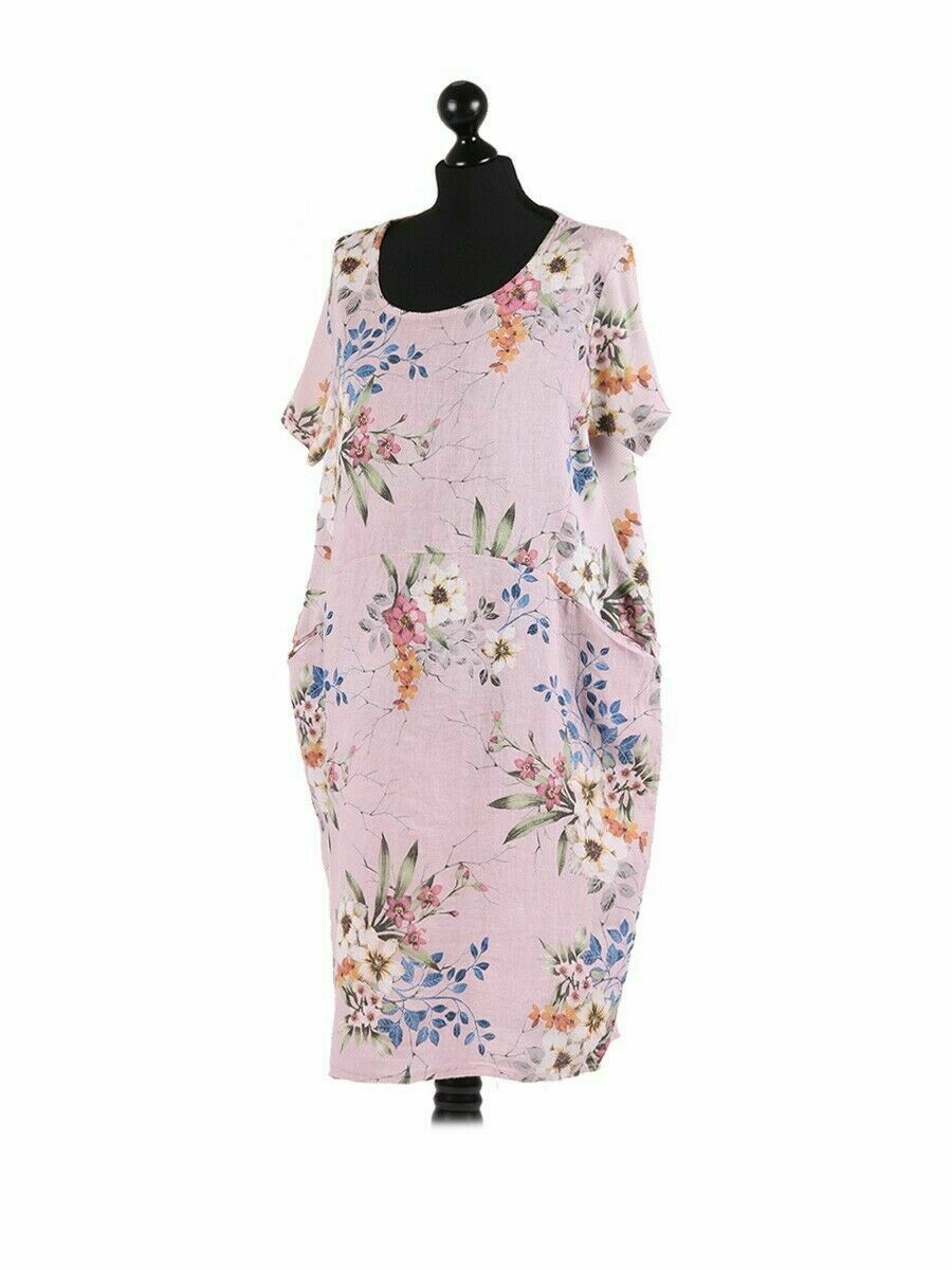 NEW Ladies FLORAL Summer Italian Womens Lagenlook LINEN Scoop Neck POCKET DRESS